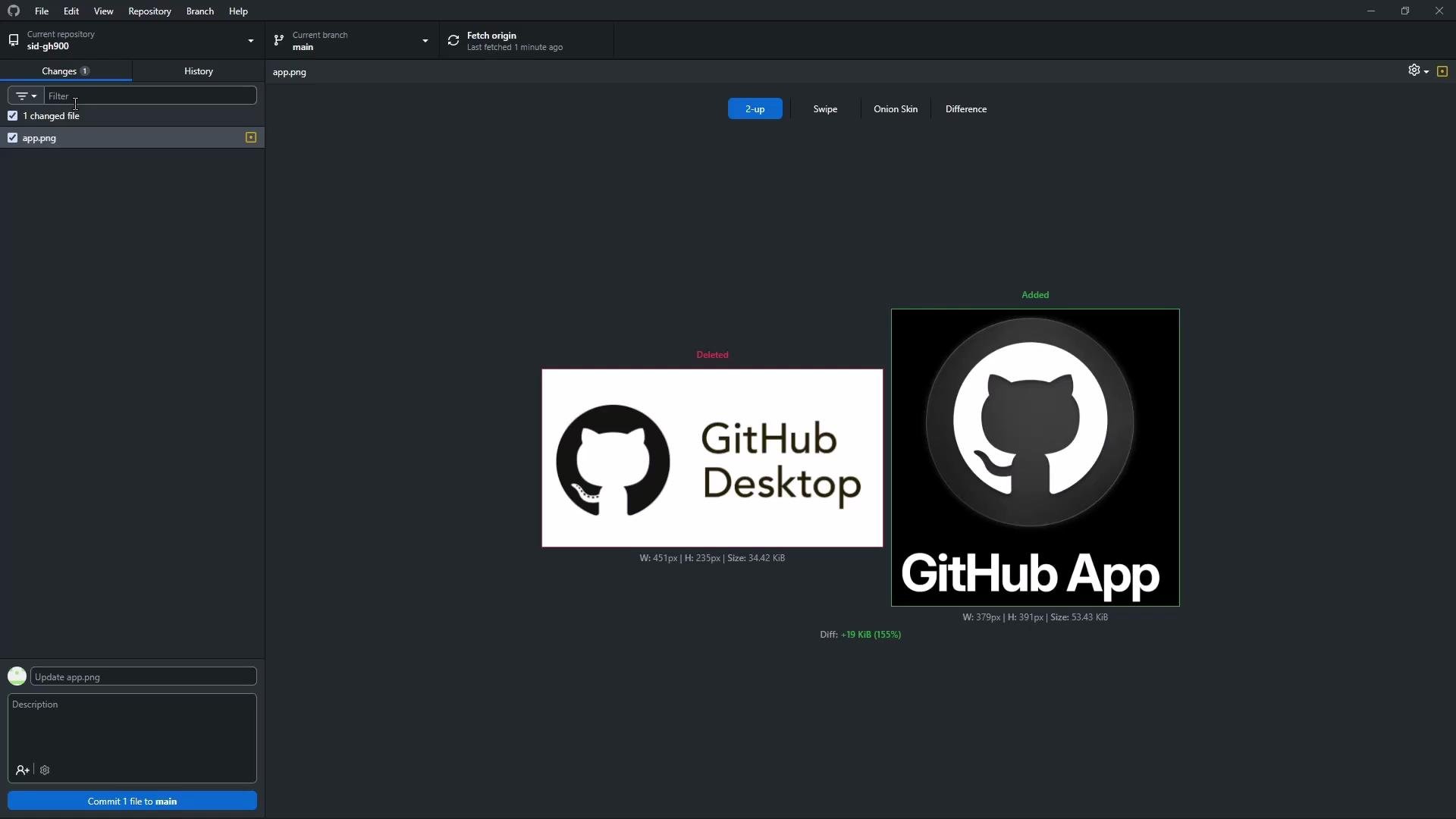 The image shows a GitHub interface comparing two images: one labeled "GitHub Desktop" marked as deleted, and another labeled "GitHub App" marked as added.