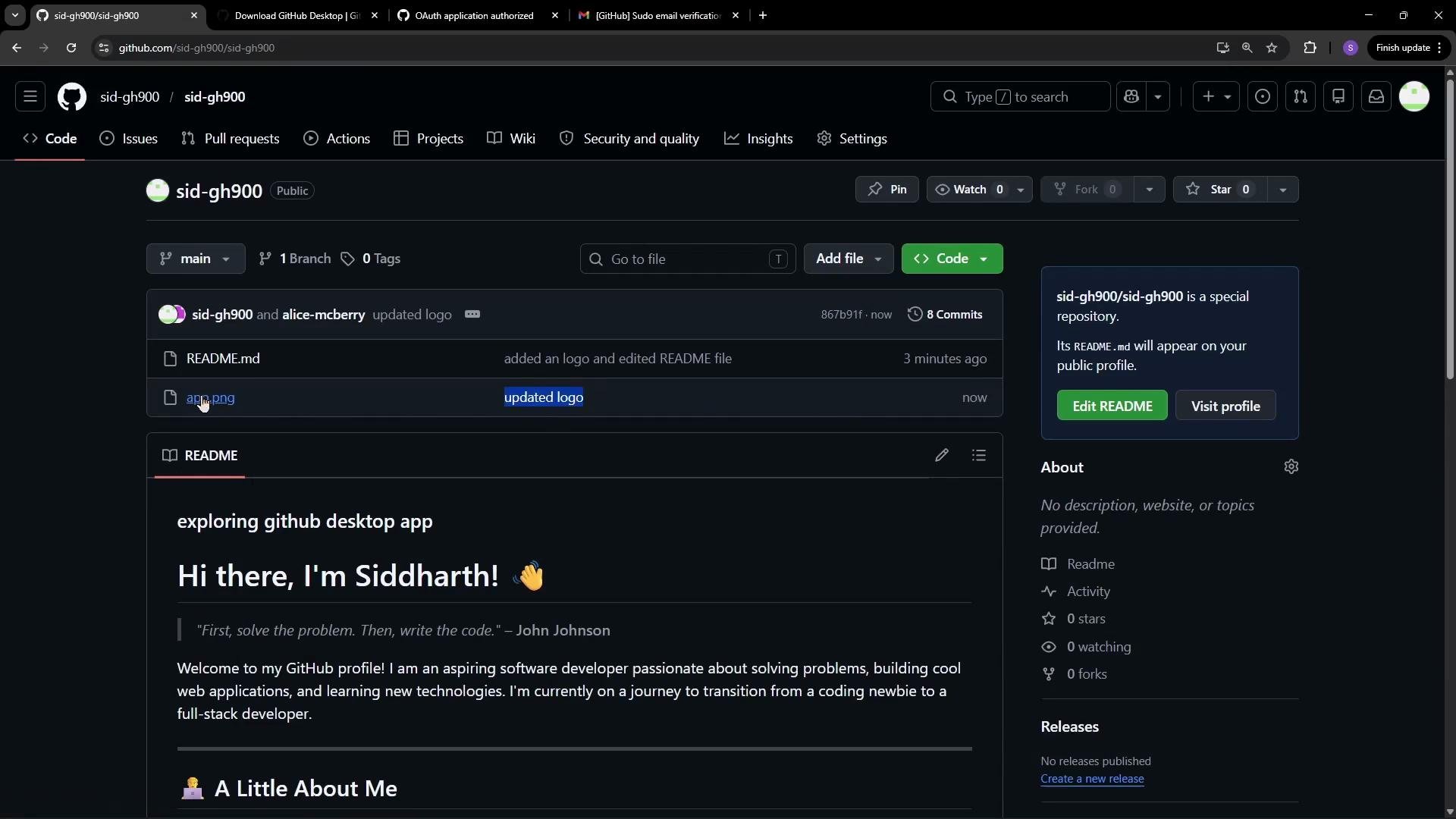 This image shows a GitHub repository named "sid-gh900" with a description in the README file introducing a developer named Siddharth. The repository includes files such as a README.md and an app.png.