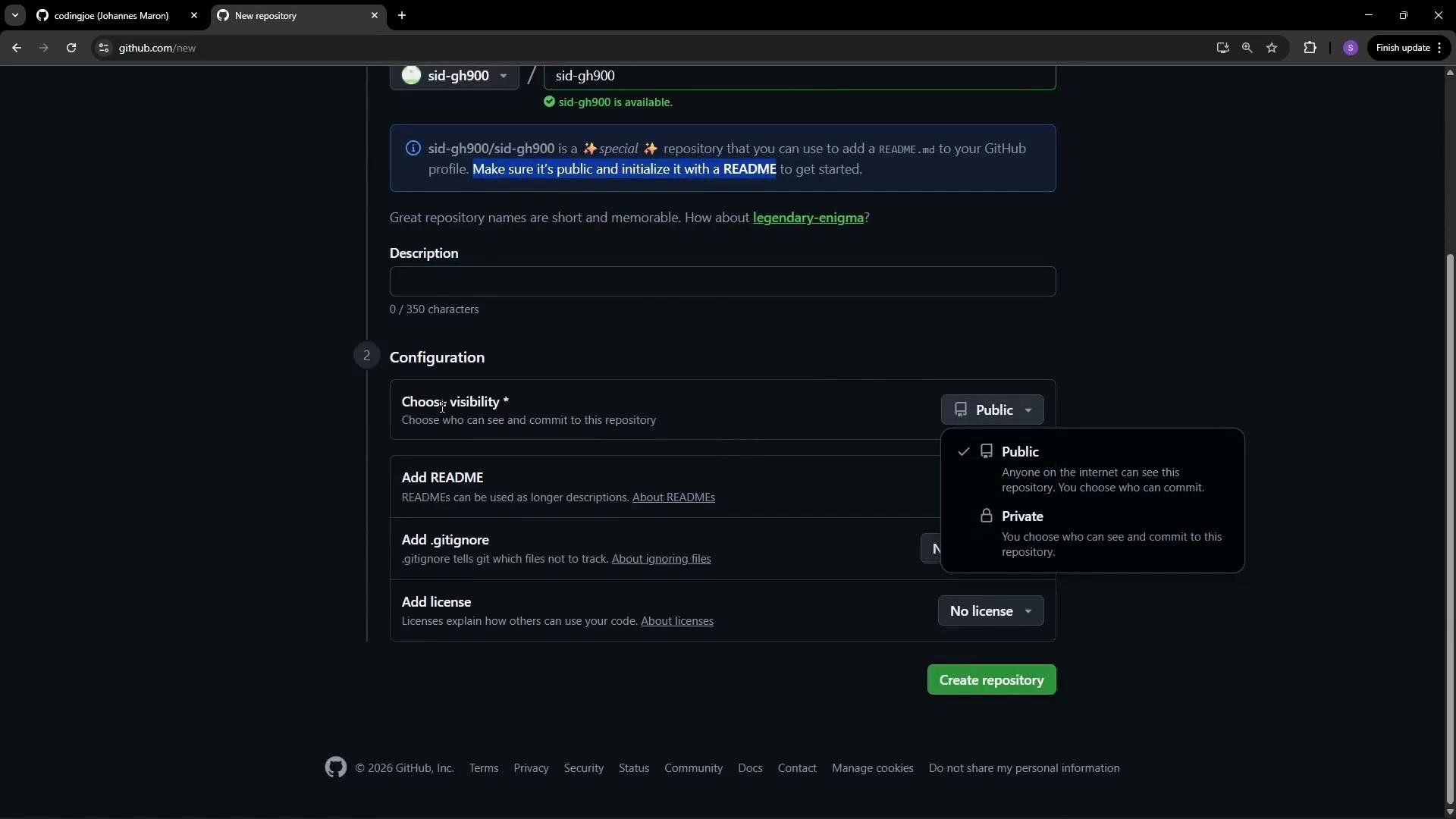 The image shows a GitHub screen for creating a new repository with options to add a description, choose visibility, add a README, a .gitignore, and a license. There's a dropdown menu displaying visibility options for either public or private access.