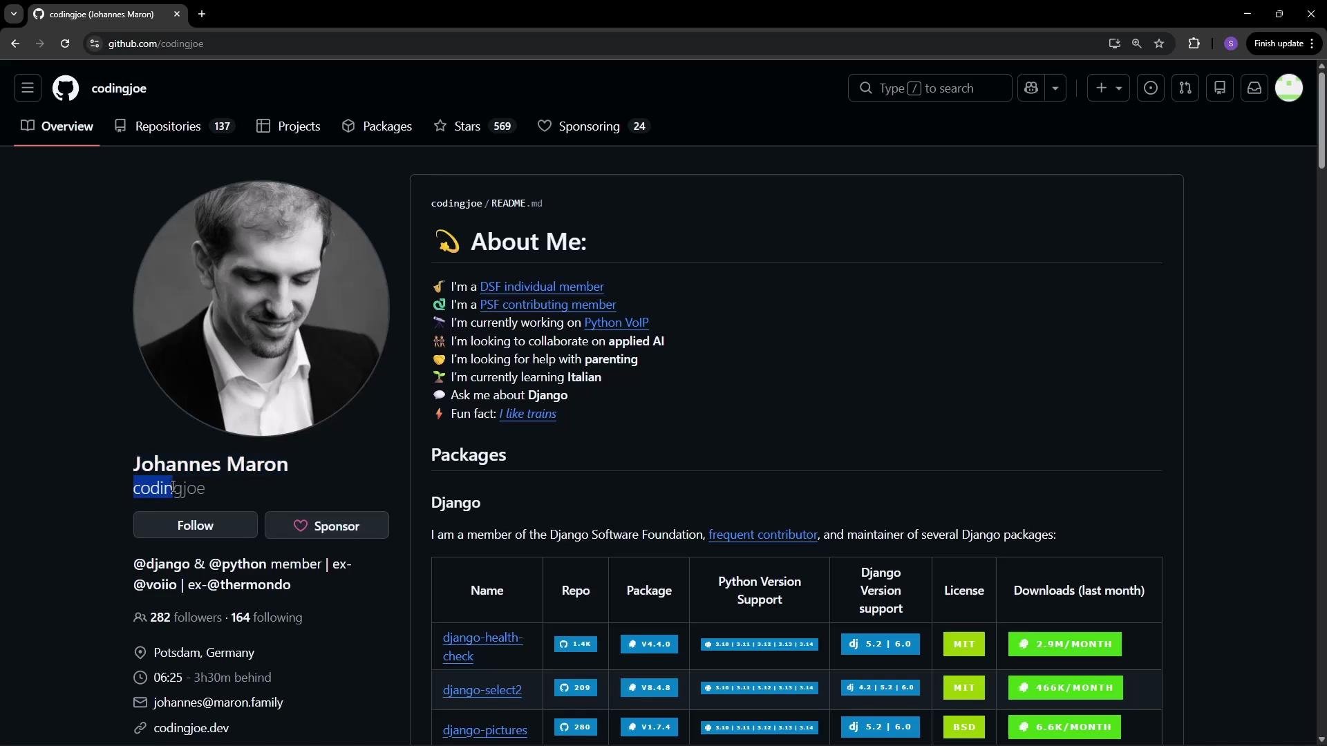 This image shows a GitHub profile page for a user named "codingjoe," featuring a profile picture, bio, and details about packages and projects related to Django and Python.