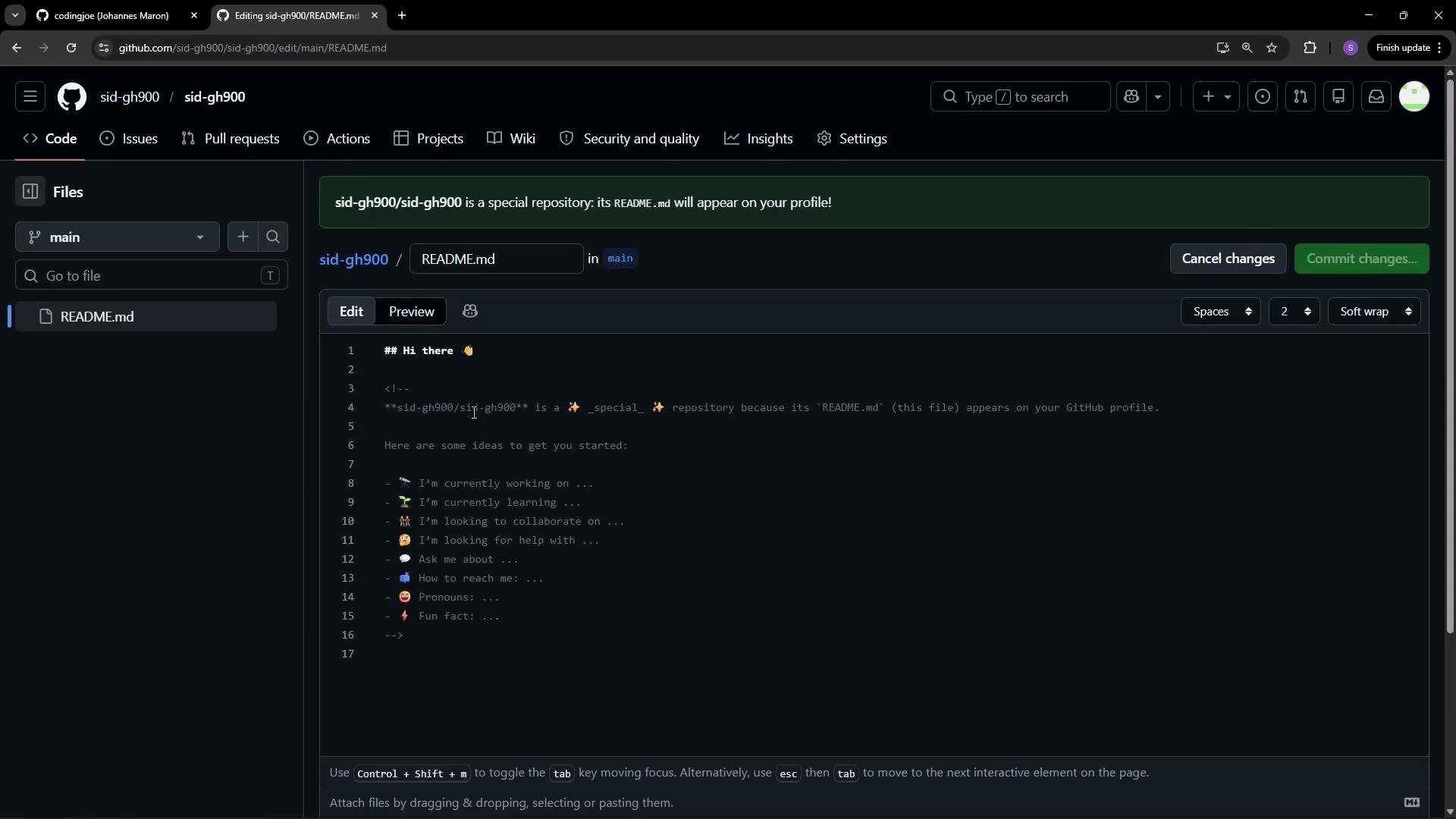 This image shows a GitHub repository page with the user editing the README.md file. The interface displays the code editor and some template text inside the file.