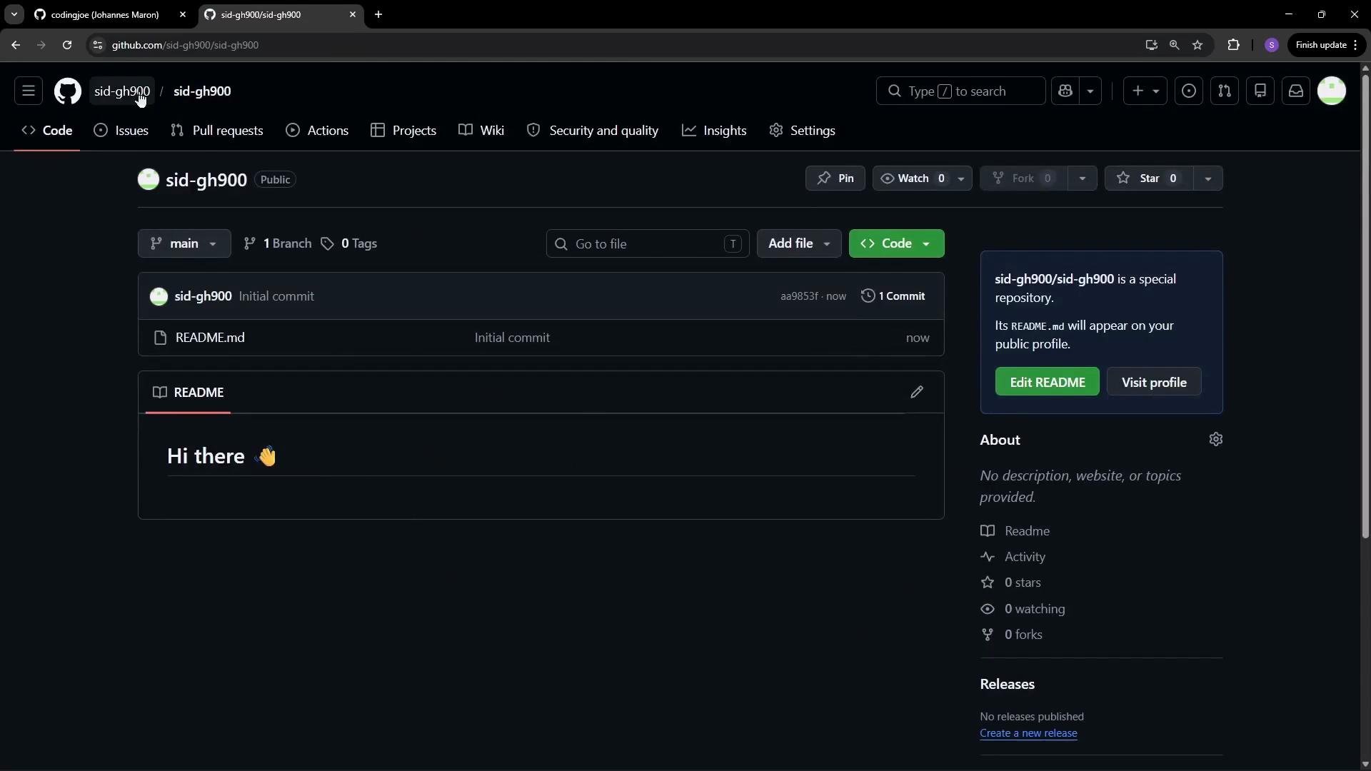 The image shows a GitHub repository page named "sid-gh900/sid-gh900" with a README file that says "Hi there 👋". It indicates this is a special repository that appears on the owner's public profile.