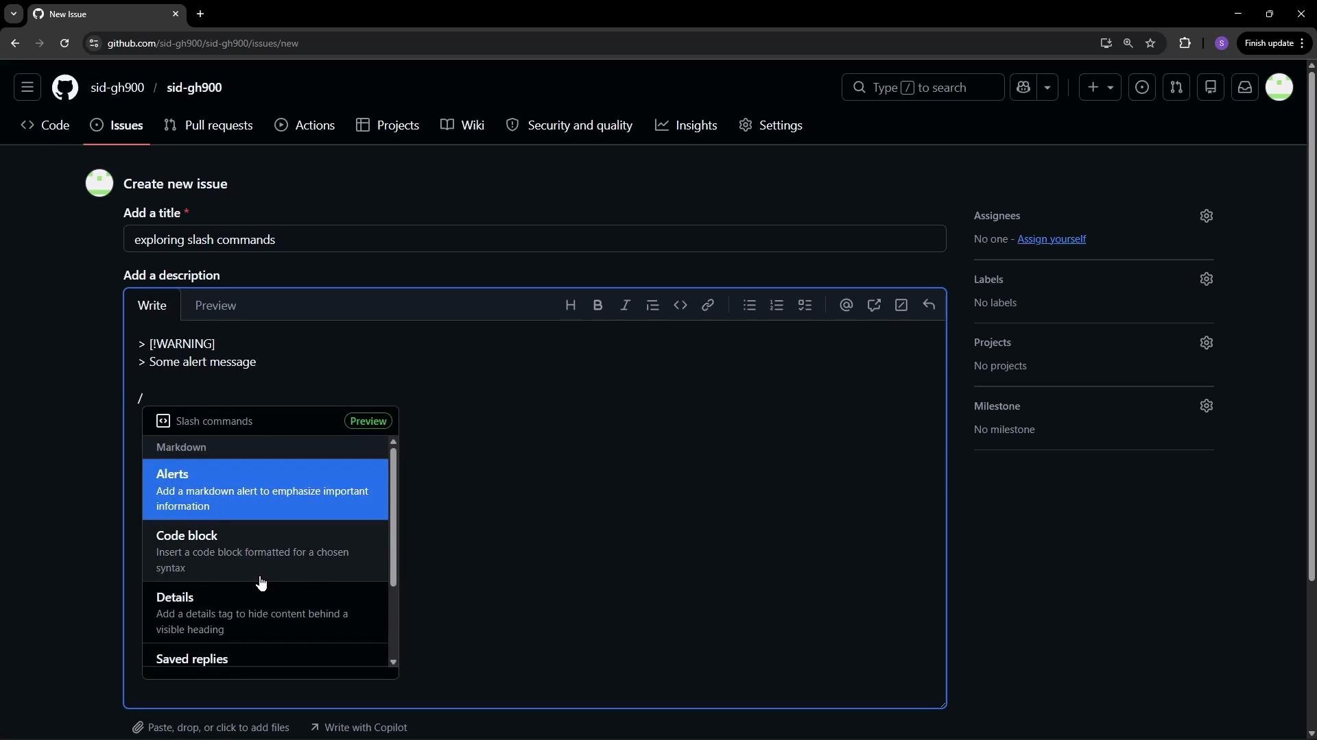 The image shows a GitHub interface where a new issue is being created with a title "exploring slash commands" and a description containing an alert message. There's a dropdown menu for slash commands with options like Alerts and Code block.
