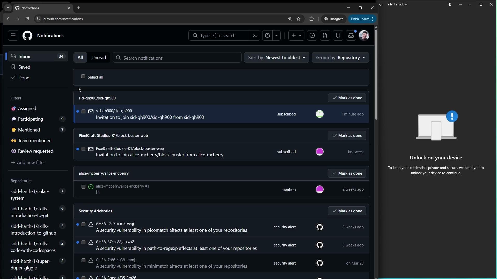 The image shows a GitHub notifications page with a list of notifications related to repository invitations and security advisories. Additionally, there is a sidebar message prompting the user to unlock their device for security reasons.