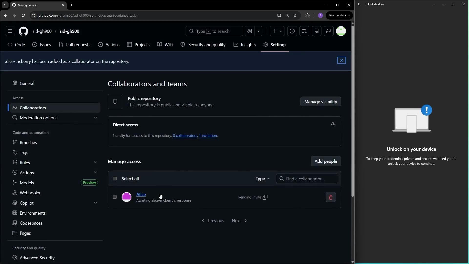 The image shows a GitHub repository access settings page, where a user has been added as a collaborator. On the right, there is a message prompting to unlock the device to secure credentials.