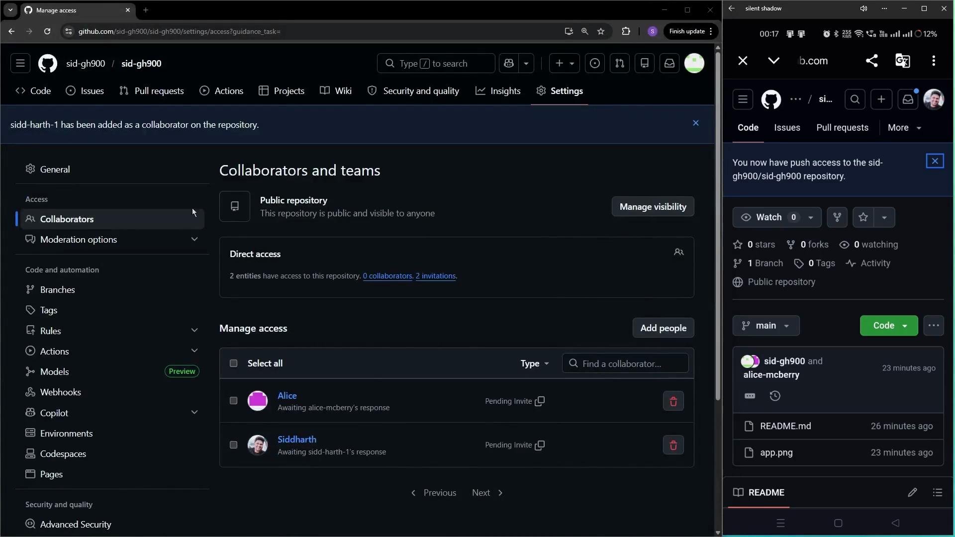 The image shows a GitHub repository settings page with the "Collaborators and teams" section, and a mobile view of the repository indicating push access.