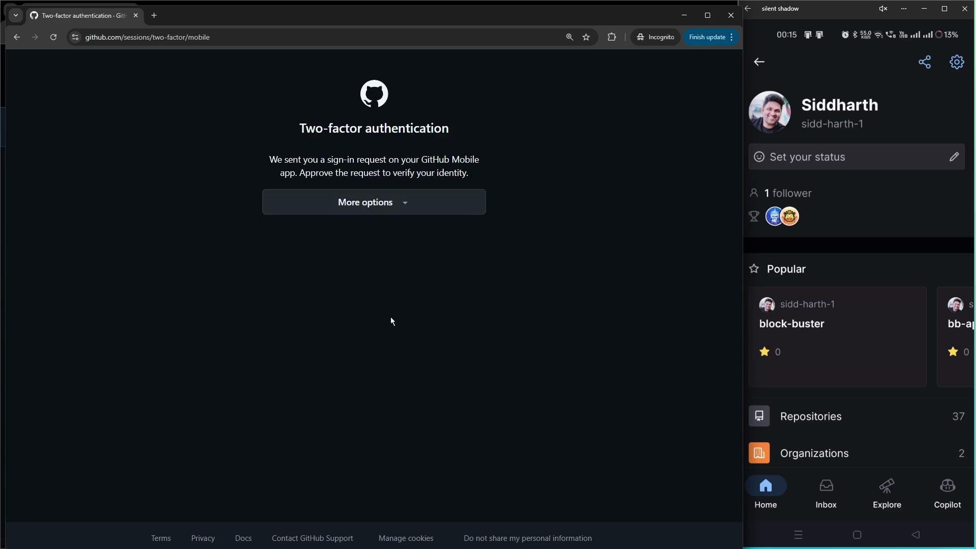 The image shows a GitHub two-factor authentication screen on the left and a GitHub mobile app profile view on the right, with user information and repositories.