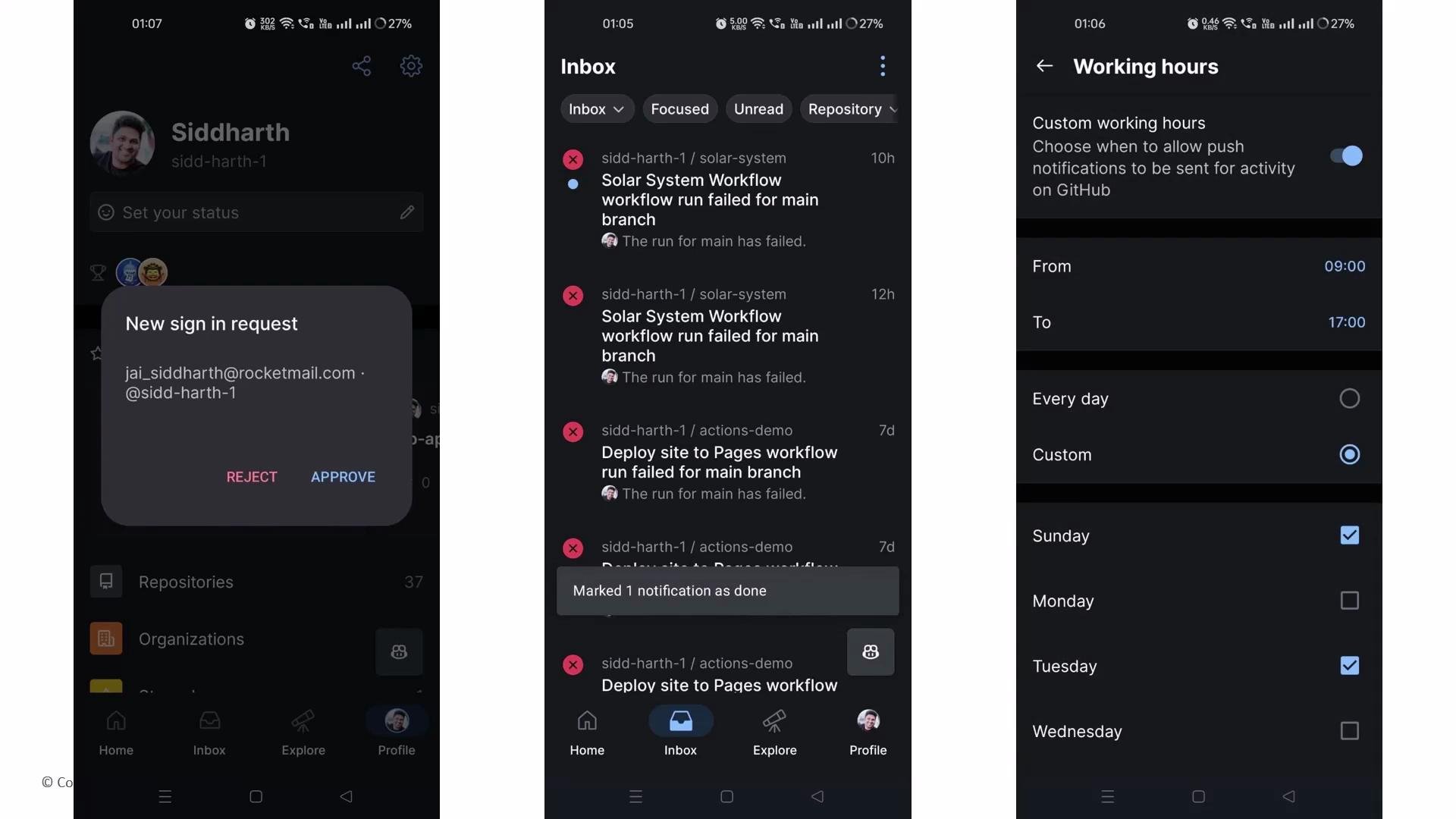 The image consists of three screenshots from a mobile app showing a sign-in request, inbox notifications for failed workflows, and custom working hours settings for GitHub notifications.