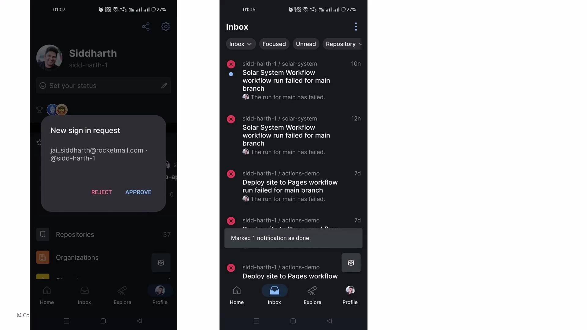 The image shows a mobile screen displaying a new sign-in request notification and an inbox with workflow failure messages from repositories.