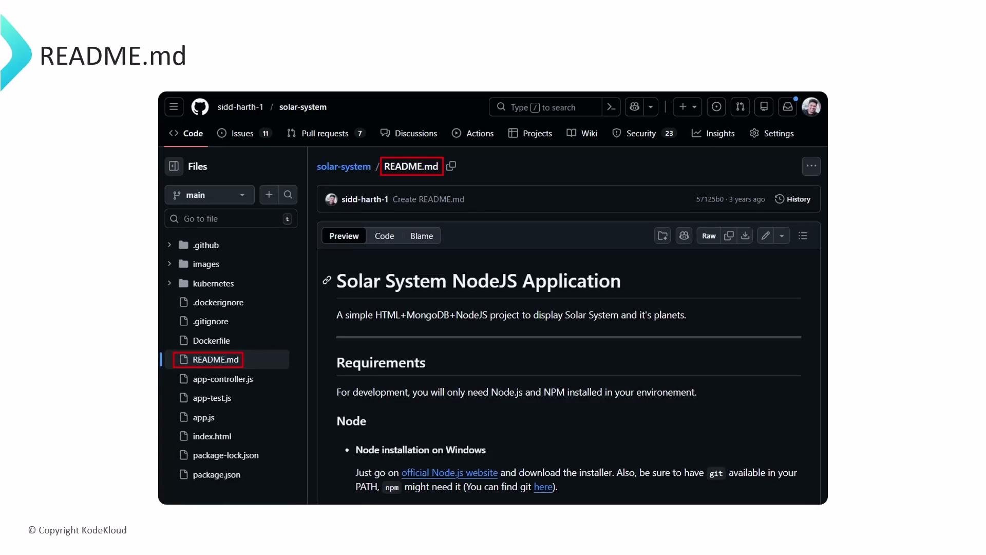 The image shows a GitHub repository interface displaying the README.md file for a project titled "Solar System NodeJS Application". The file provides details about the project, which involves HTML, MongoDB, and NodeJS, and lists requirements for development.