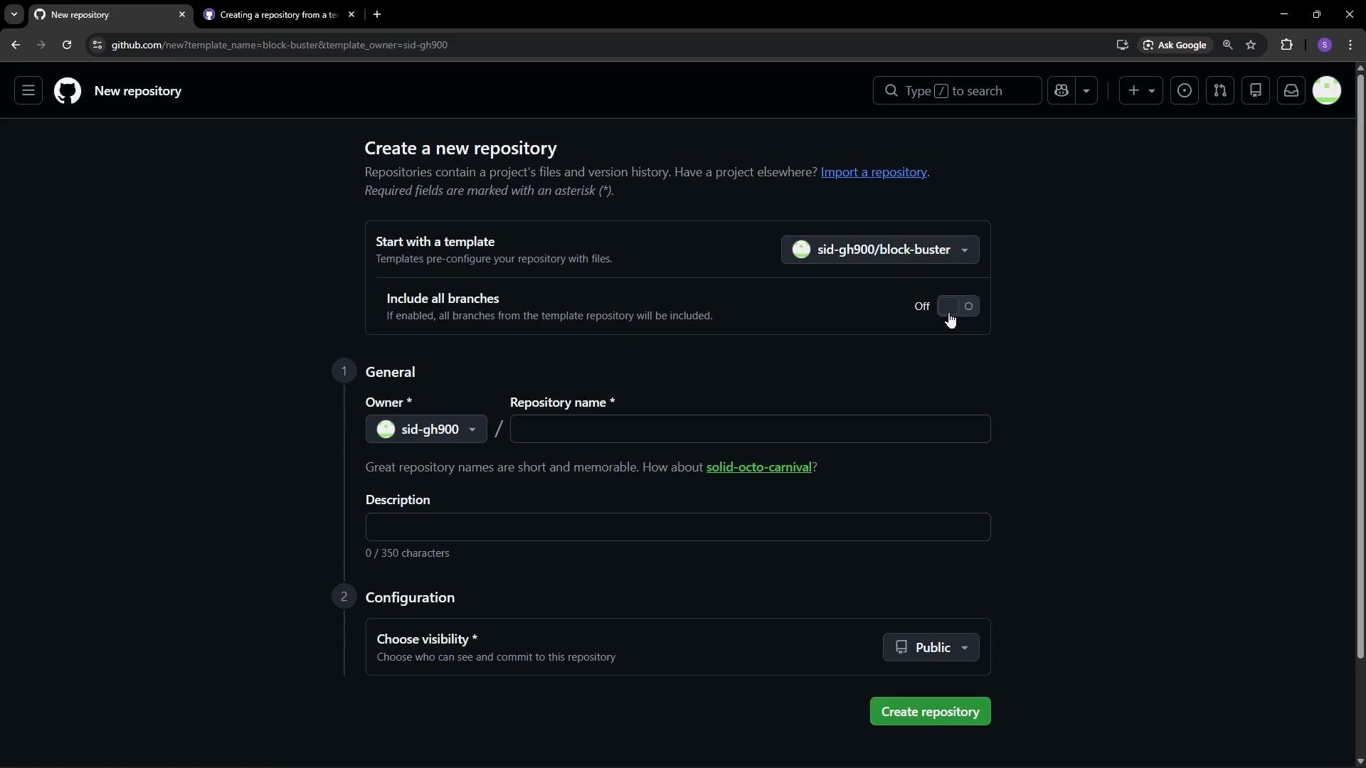The image shows a GitHub interface for creating a new repository, with options for using a template, setting the owner, repository name, description, and visibility.