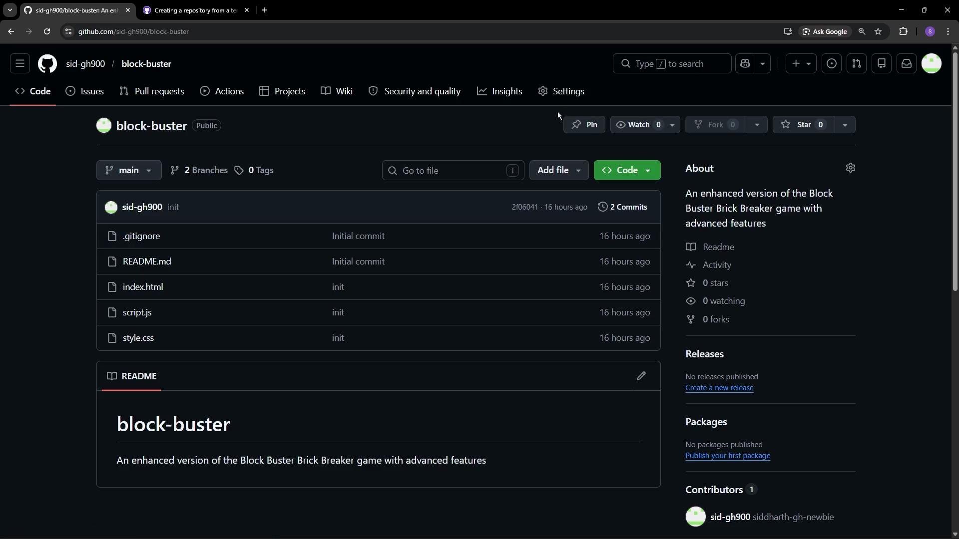 This image shows a GitHub repository named "block-buster" with several files like .gitignore, README.md, index.html, script.js, and style.css. The repository is described as an enhanced version of the Block Buster Brick Breaker game with advanced features.