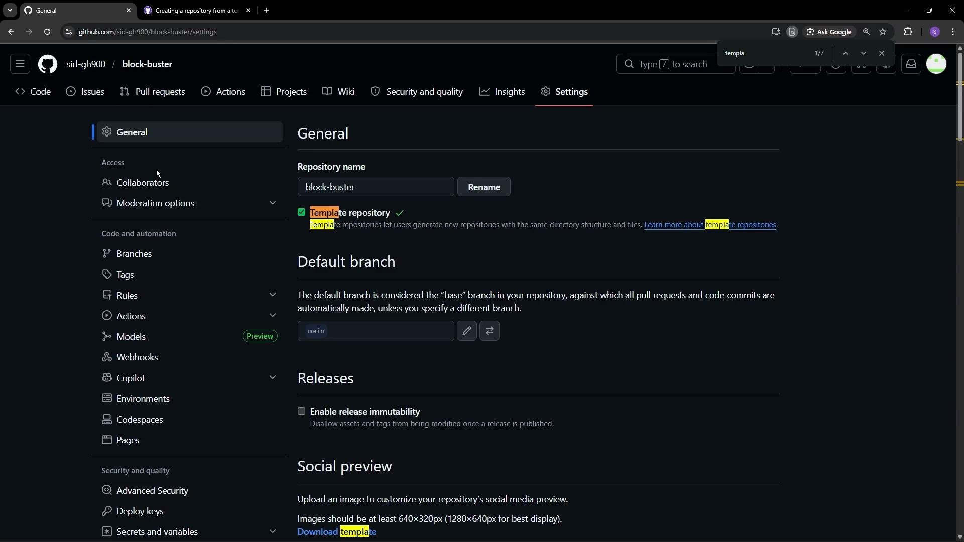 The image shows the settings page of a GitHub repository where options for general settings, default branch, releases, and social preview are displayed. The repository is named "block-buster," and the "Template repository" option is highlighted.