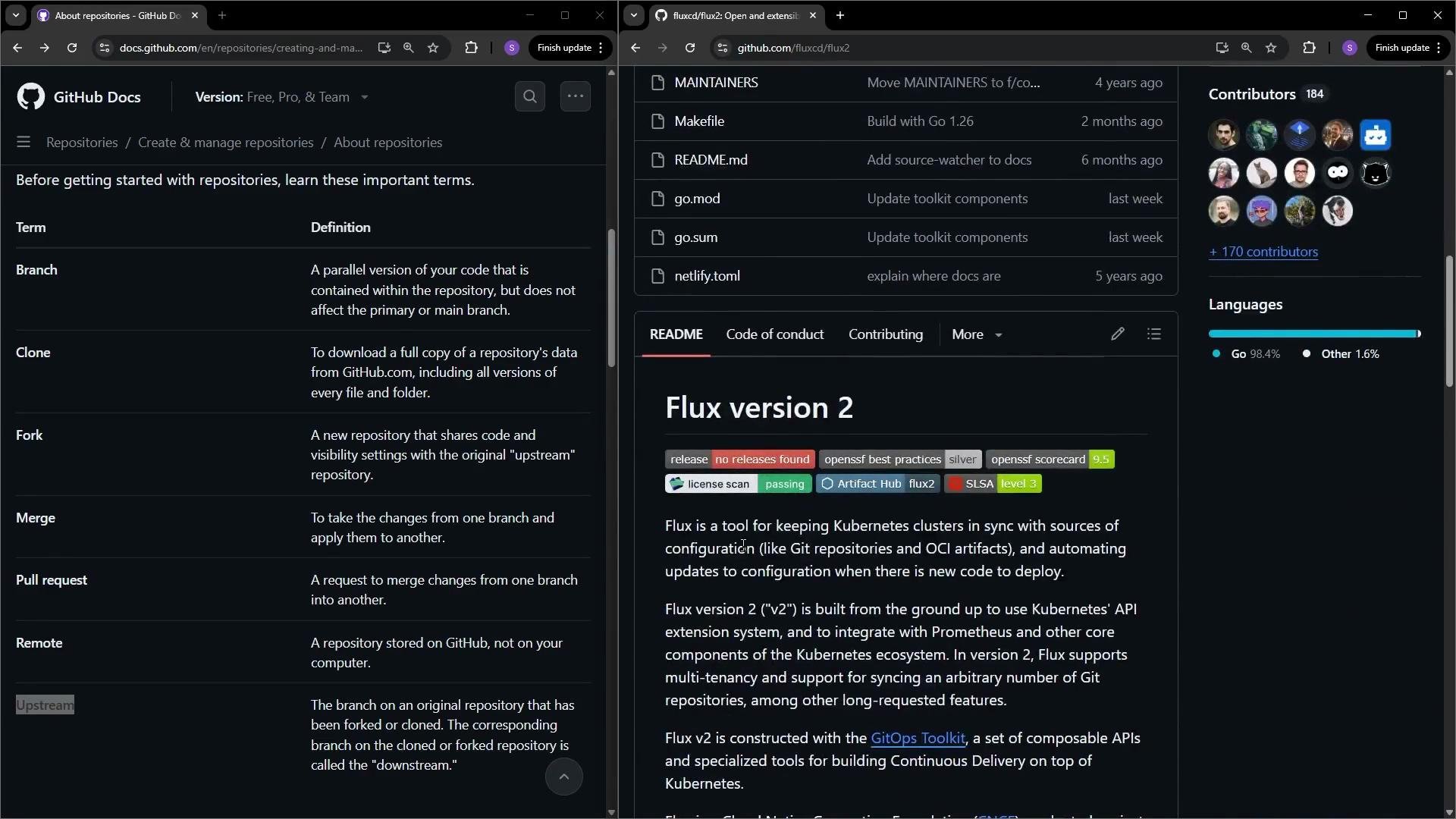 The image shows two side-by-side web pages; the left is a GitHub Docs page explaining repository terms, and the right is a GitHub repository page for "Flux version 2," describing its purpose and features.