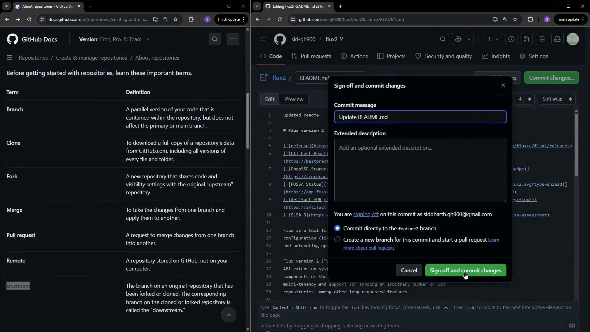 The image shows a split-screen view with GitHub documentation on repository terms on the left and a GitHub interface for editing and committing changes to a README file on the right.