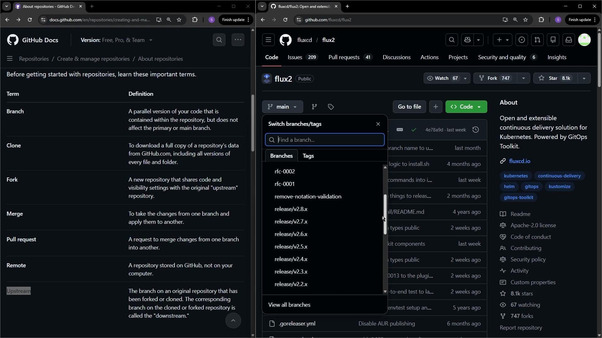The image shows two browser windows side by side; the left window displays GitHub documentation about repositories, and the right one shows a GitHub repository interface for "fluxcd/flux2" with branch options visible.