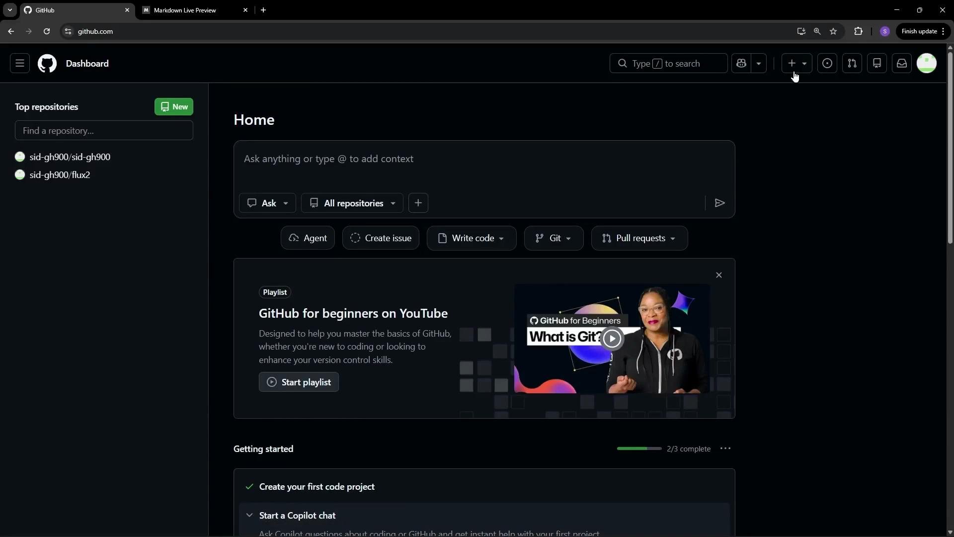 The image shows a GitHub dashboard with repositories listed on the left and a section promoting a GitHub for Beginners YouTube playlist on the right. There are various options for creating issues, writing code, and managing repositories at the top.