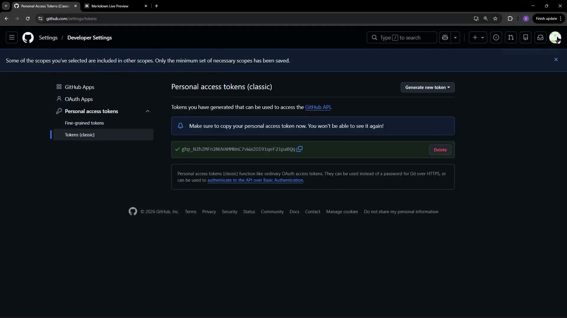 The image shows the GitHub Developer Settings page for personal access tokens, with an example token displayed for copying or deletion.