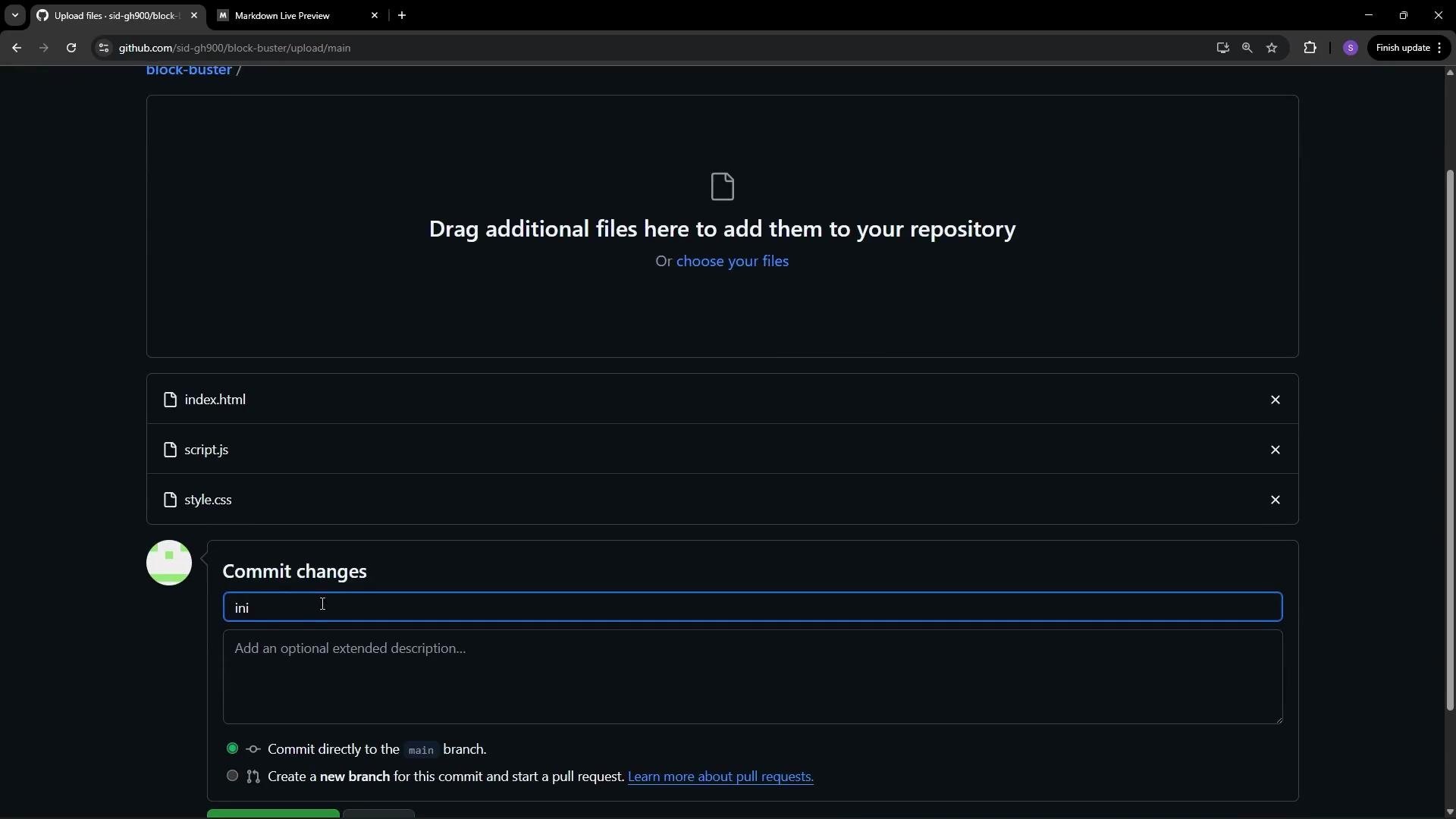 The image shows a GitHub interface for uploading files to a repository, with fields for file selection and commit messages, and options for committing to a branch or creating a new branch.