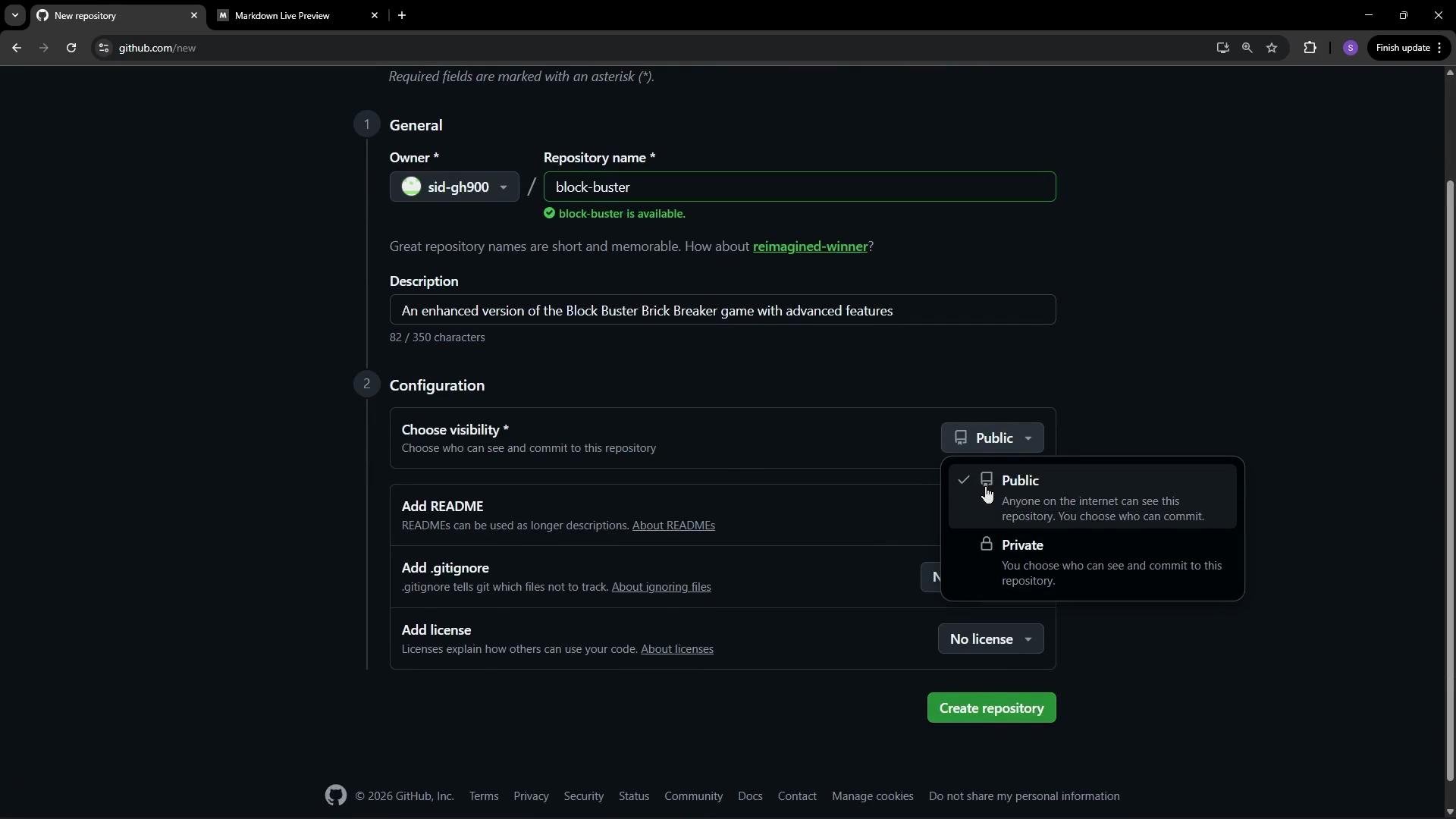 This image shows a GitHub interface for creating a new repository, with fields for the repository name, description, and visibility settings. The visibility option is highlighted, with a choice between "Public" and "Private."