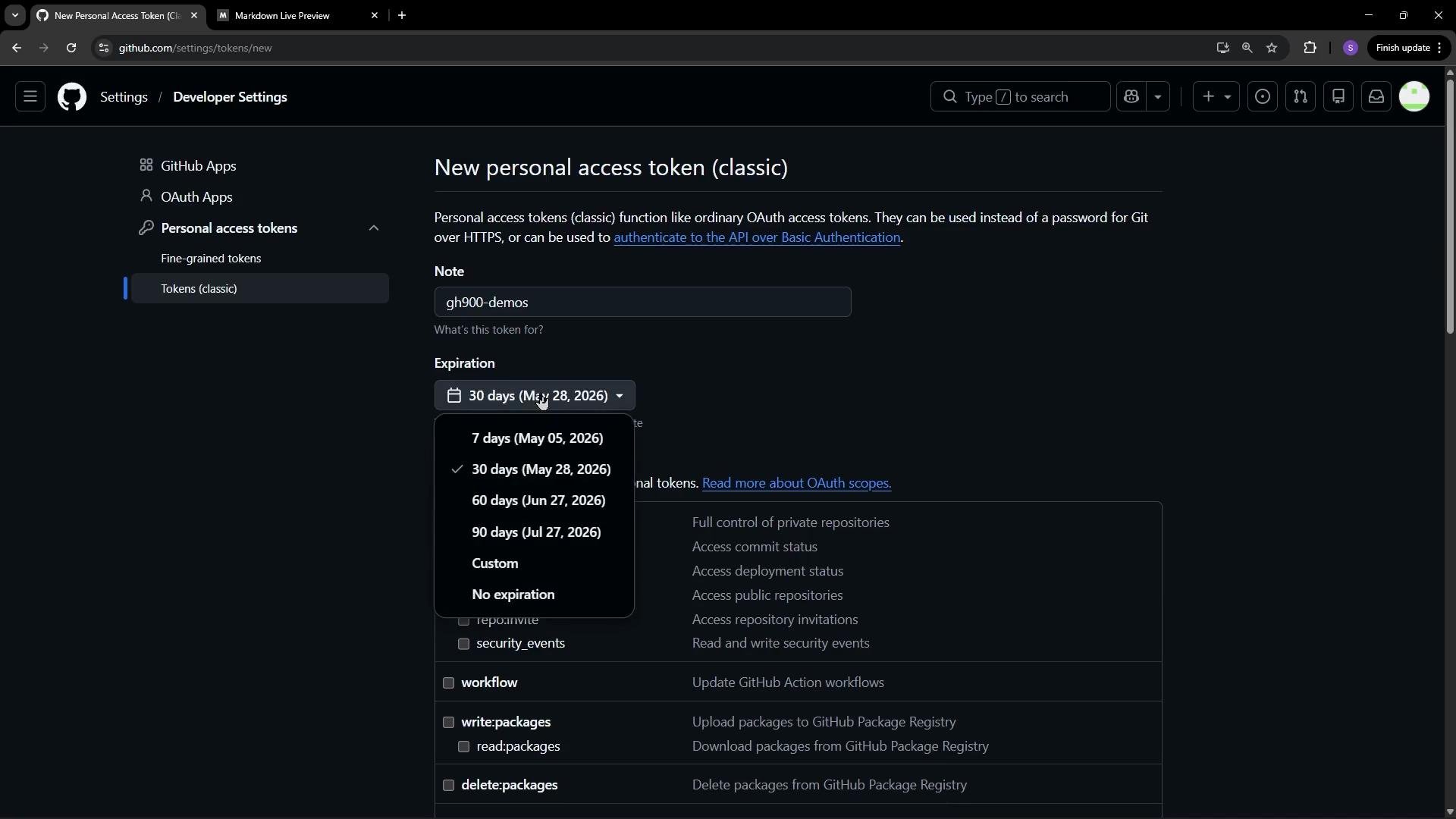 The image shows a GitHub interface for creating a new personal access token (classic) with options for setting its expiration and permissions. Options for expiration include specific days or no expiration.