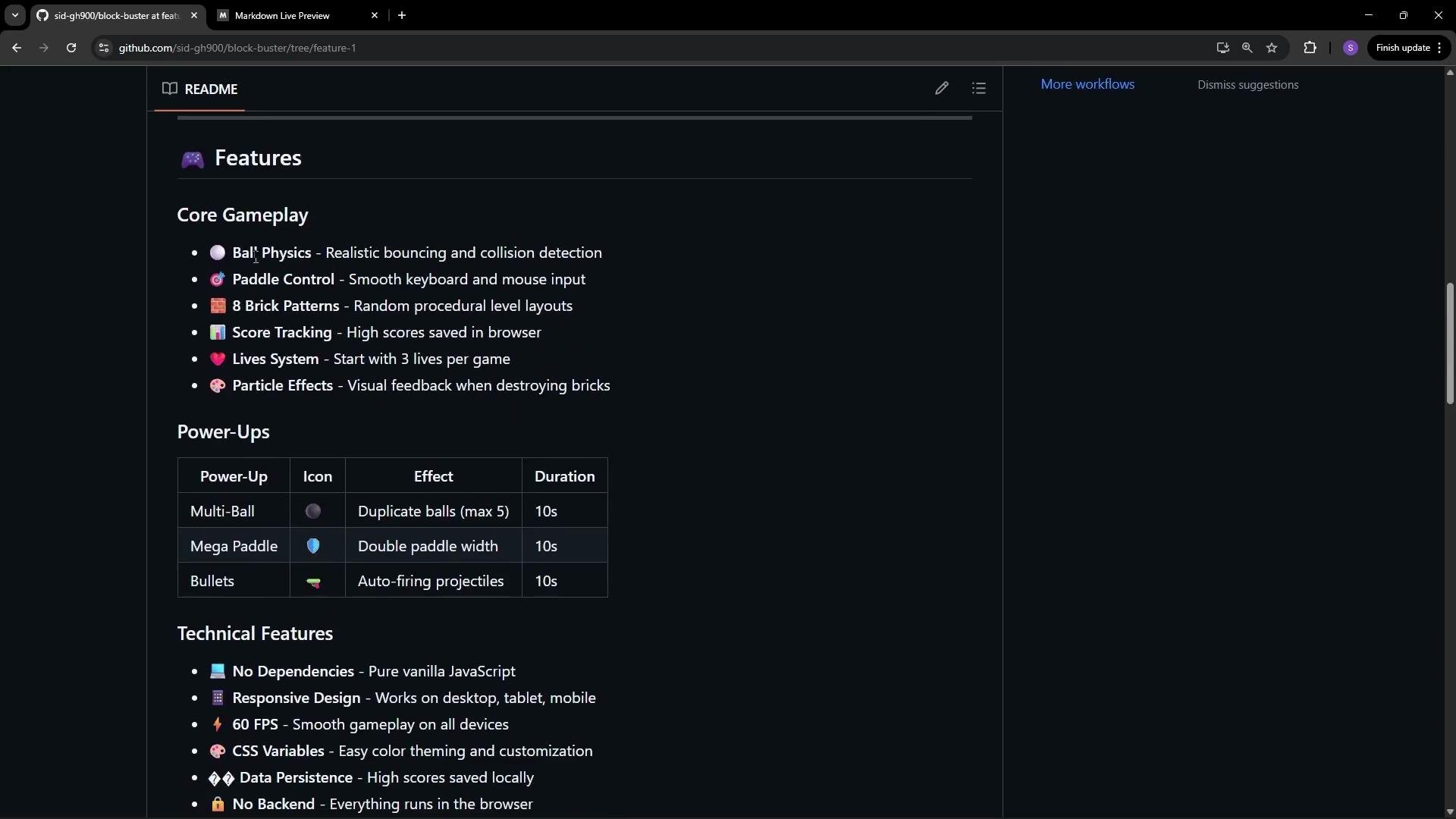 The image shows a GitHub README section that lists features of a game, including core gameplay mechanics, power-ups, and technical features like responsive design and data persistence.