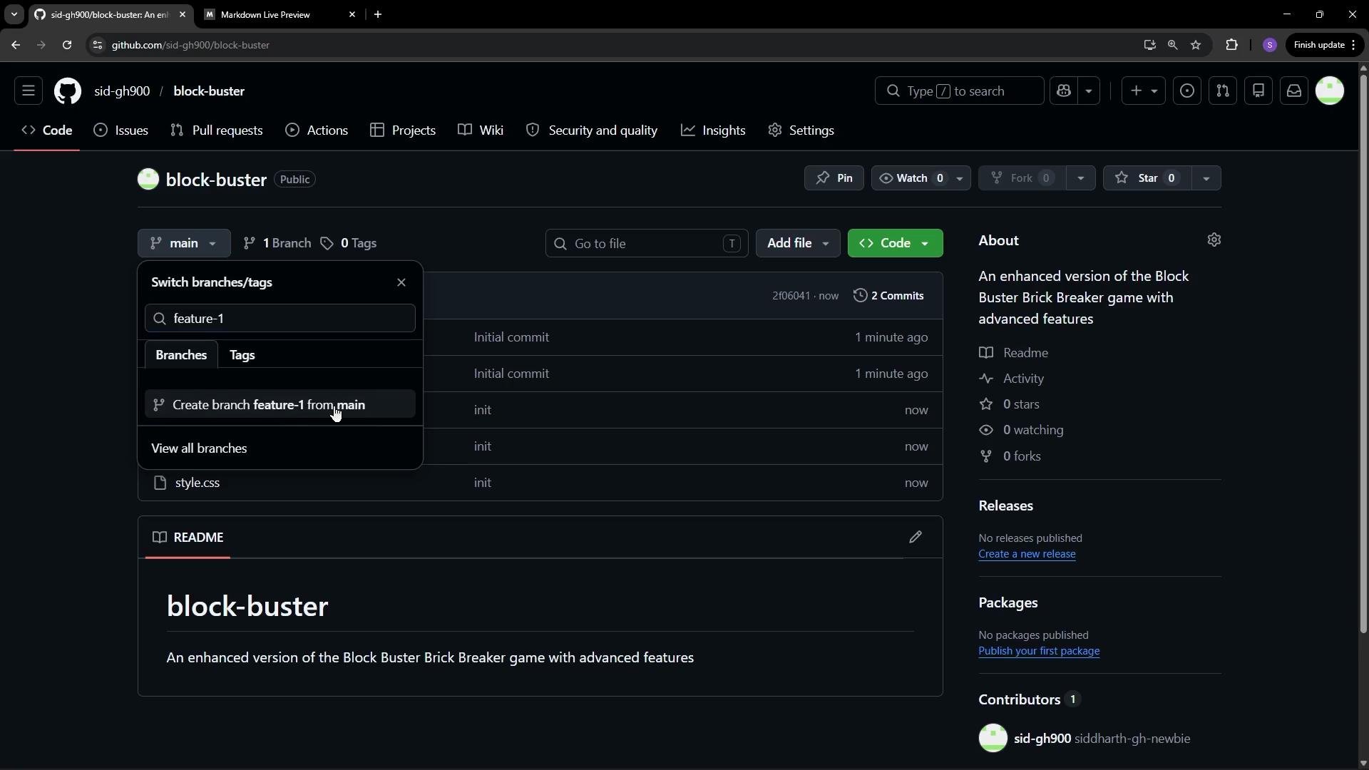 The image shows a GitHub repository page for a project named "block-buster" with a menu open to create a new branch named "feature-1." It features information about the project, including its description and commit history.