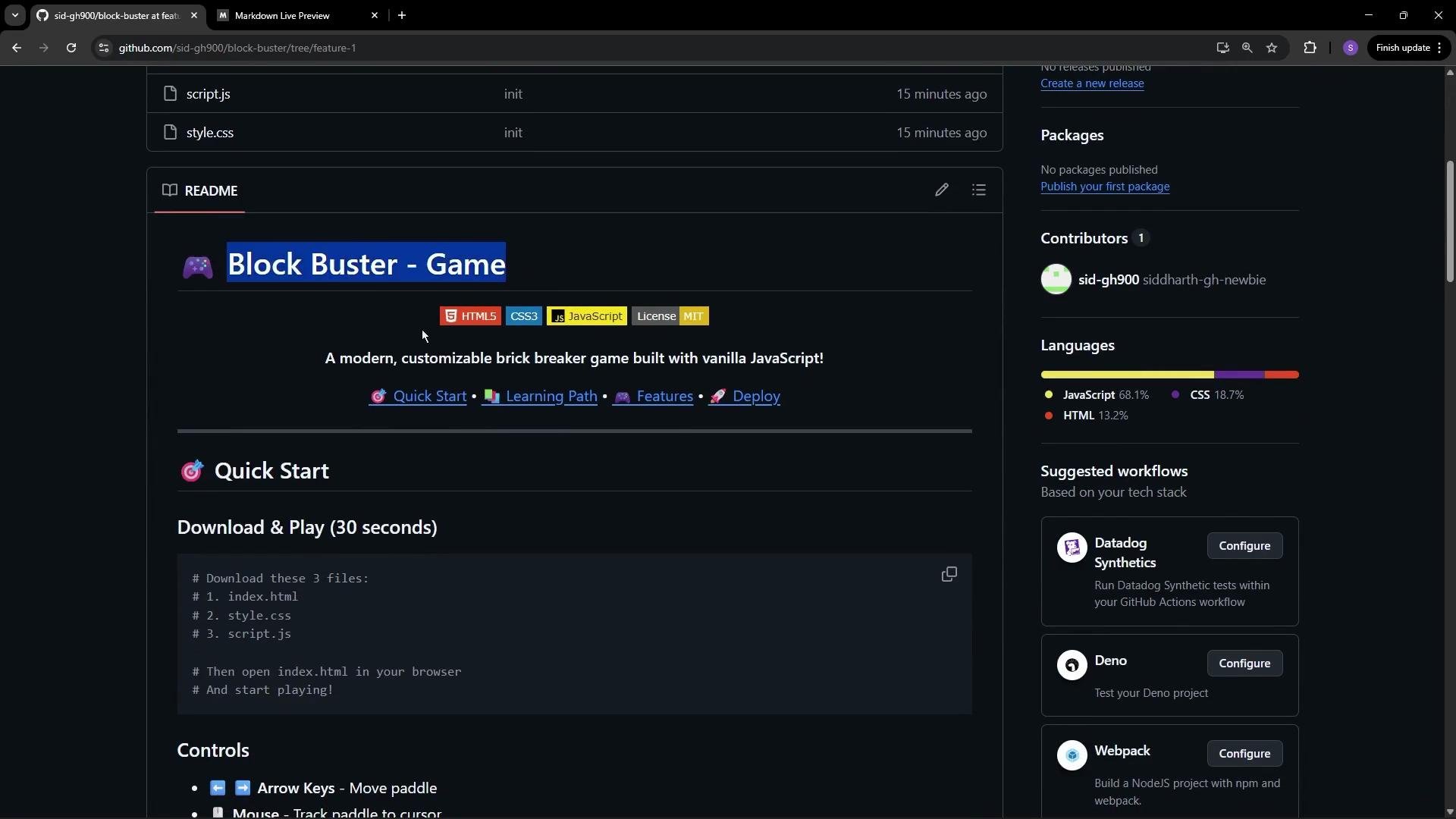 The image shows a GitHub repository page for a project called "Block Buster - Game." It includes a README section with instructions for downloading and playing a brick breaker game built with HTML5, CSS, and JavaScript.