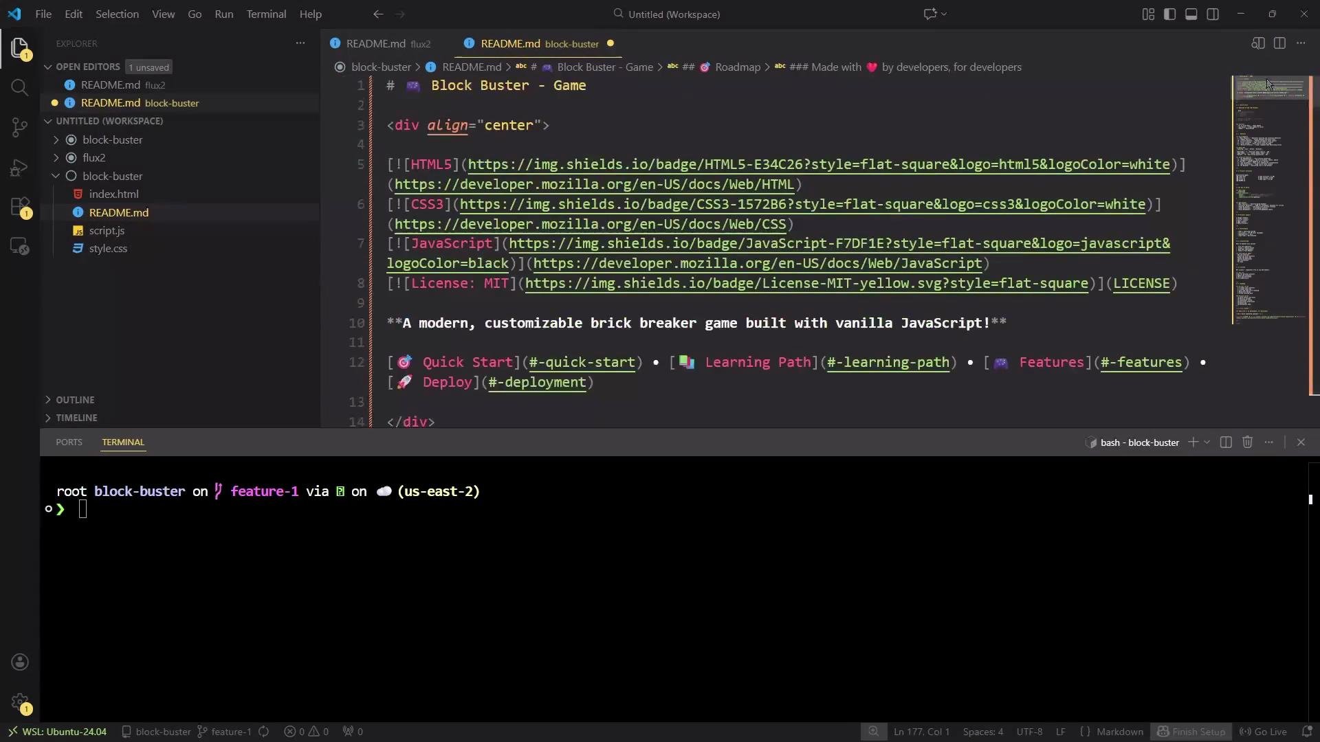 The image shows a Visual Studio Code workspace with a README.md file open, detailing a "Block Buster - Game" project using HTML, CSS, and JavaScript. There's also a terminal at the bottom displaying the current Git branch and repository information.