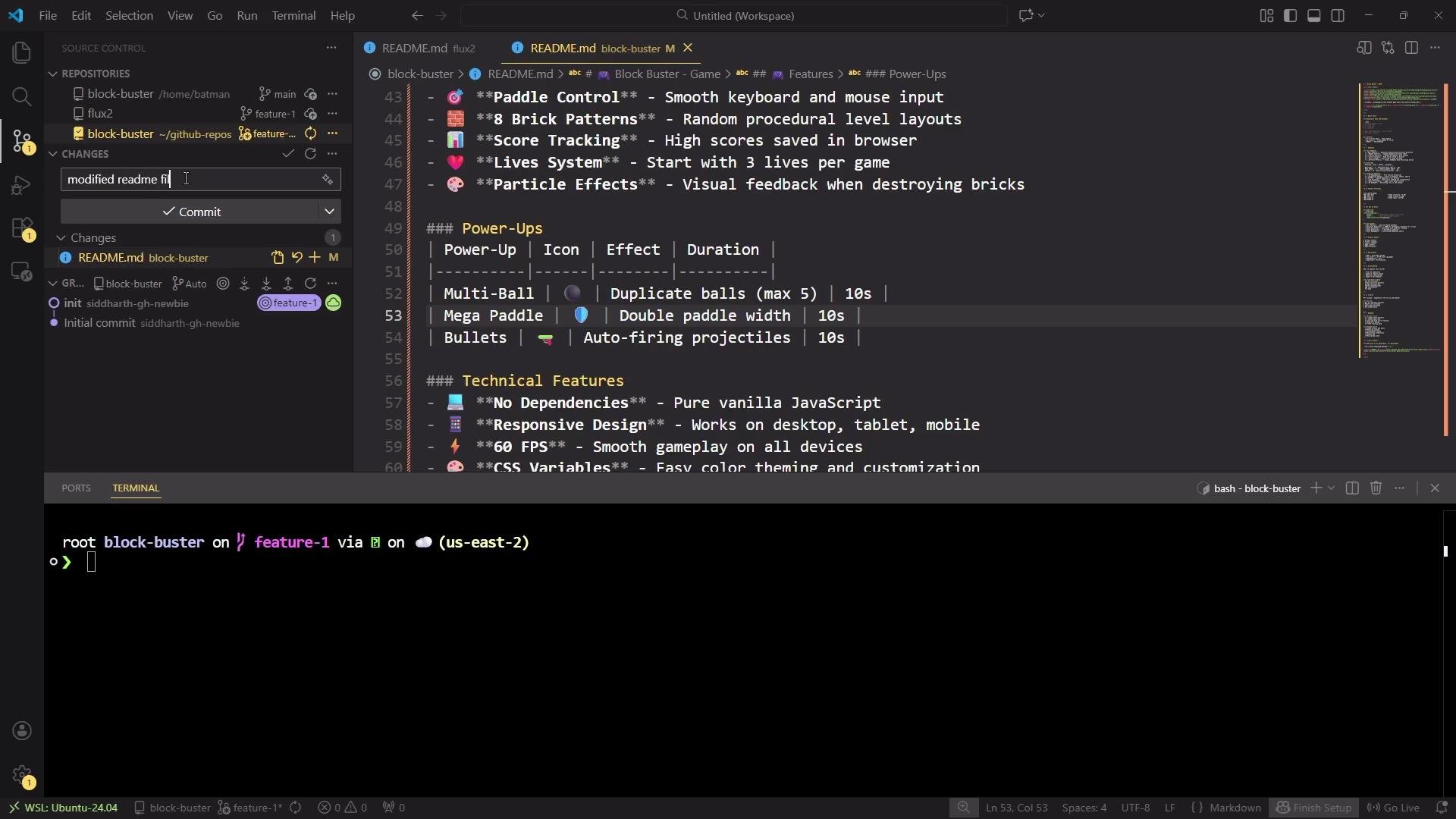 The image shows a Visual Studio Code workspace with a project open, displaying a README.md file outlining features and technical details. A terminal at the bottom is ready for input, set on a feature branch.