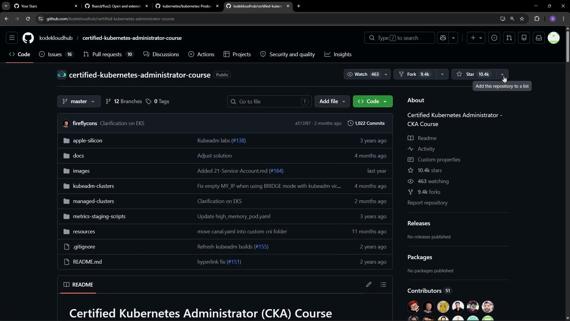 This image shows a GitHub repository page for the "Certified Kubernetes Administrator (CKA) Course." It includes directories, commit details, and repository statistics such as stars, forks, and watchers.