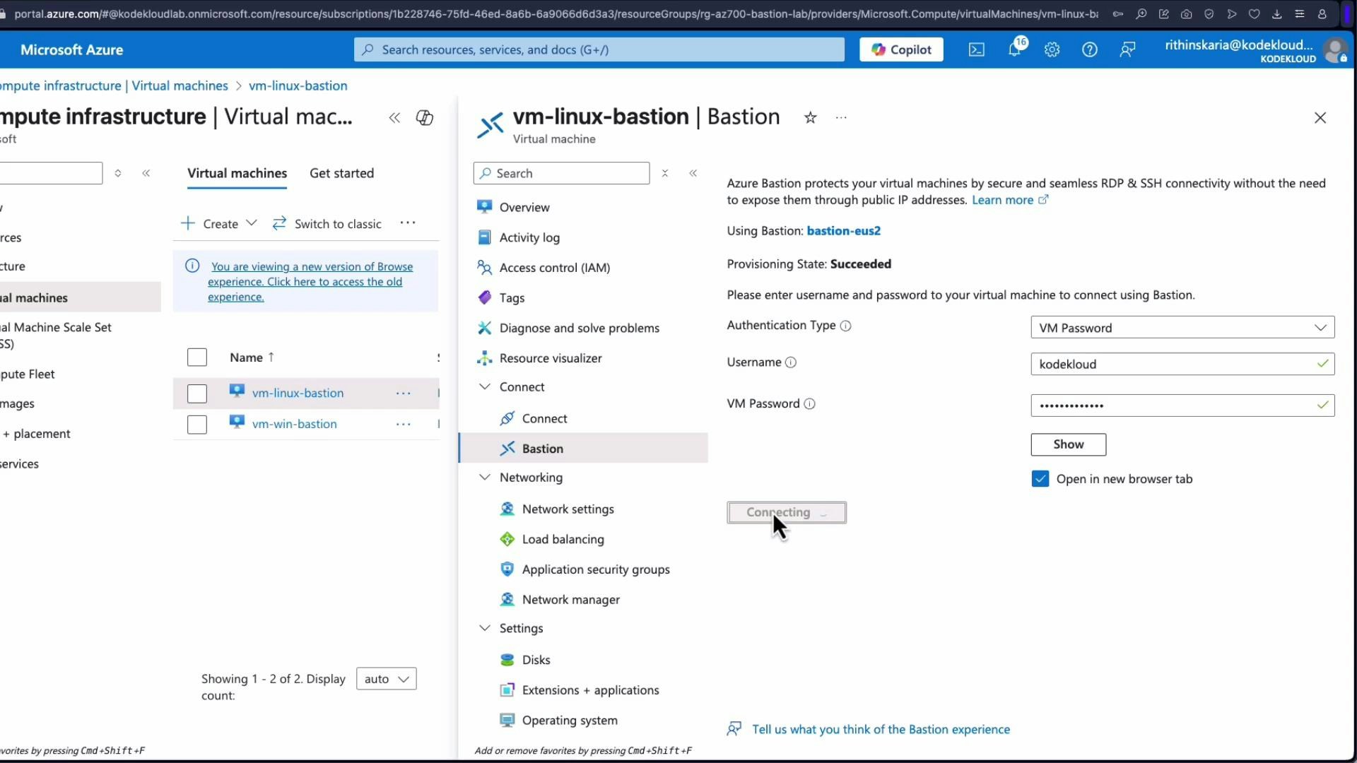 A screenshot of the Microsoft Azure portal showing the Virtual Machines page and the "vm-linux-bastion" Bastion connection pane, with a username filled in, a masked VM password, and a "Connecting..." button. The left pane lists virtual machines while the right pane shows Bastion, networking, and settings options.
