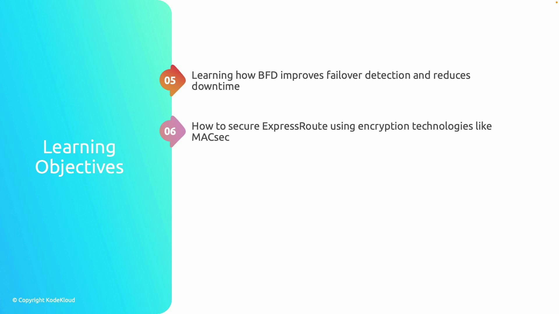 A presentation slide titled "Learning Objectives" listing two points: (05) learning how BFD improves failover detection and reduces downtime, and (06) how to secure ExpressRoute using encryption technologies like MACsec. The slide has a blue gradient left panel and a © Copyright KodeKloud mark.