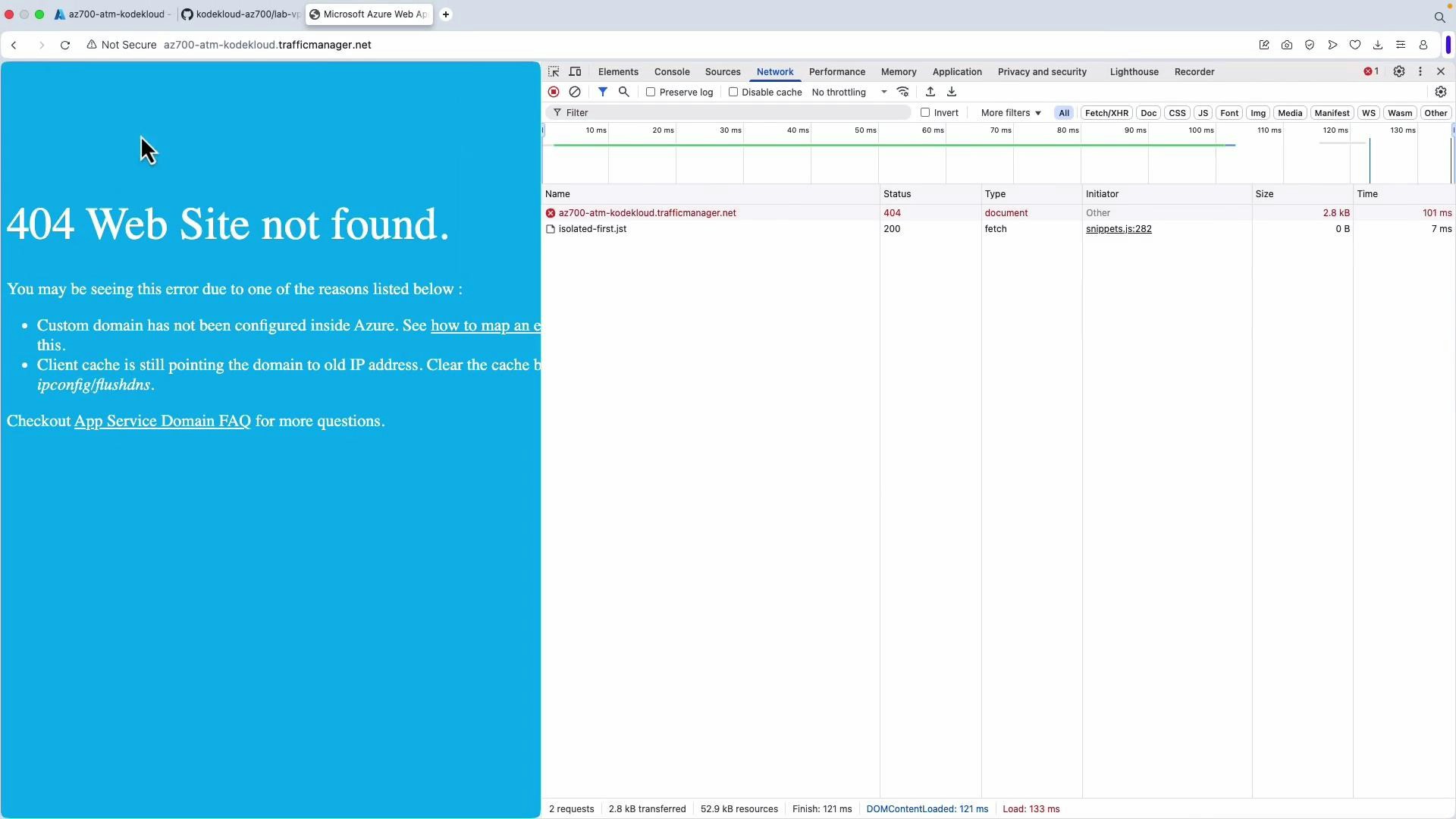 A browser screenshot showing a bright blue "404 Web Site not found" Azure error page on the left. On the right is the Chrome DevTools Network panel reporting a 404 for az700-atm-kodekloud.