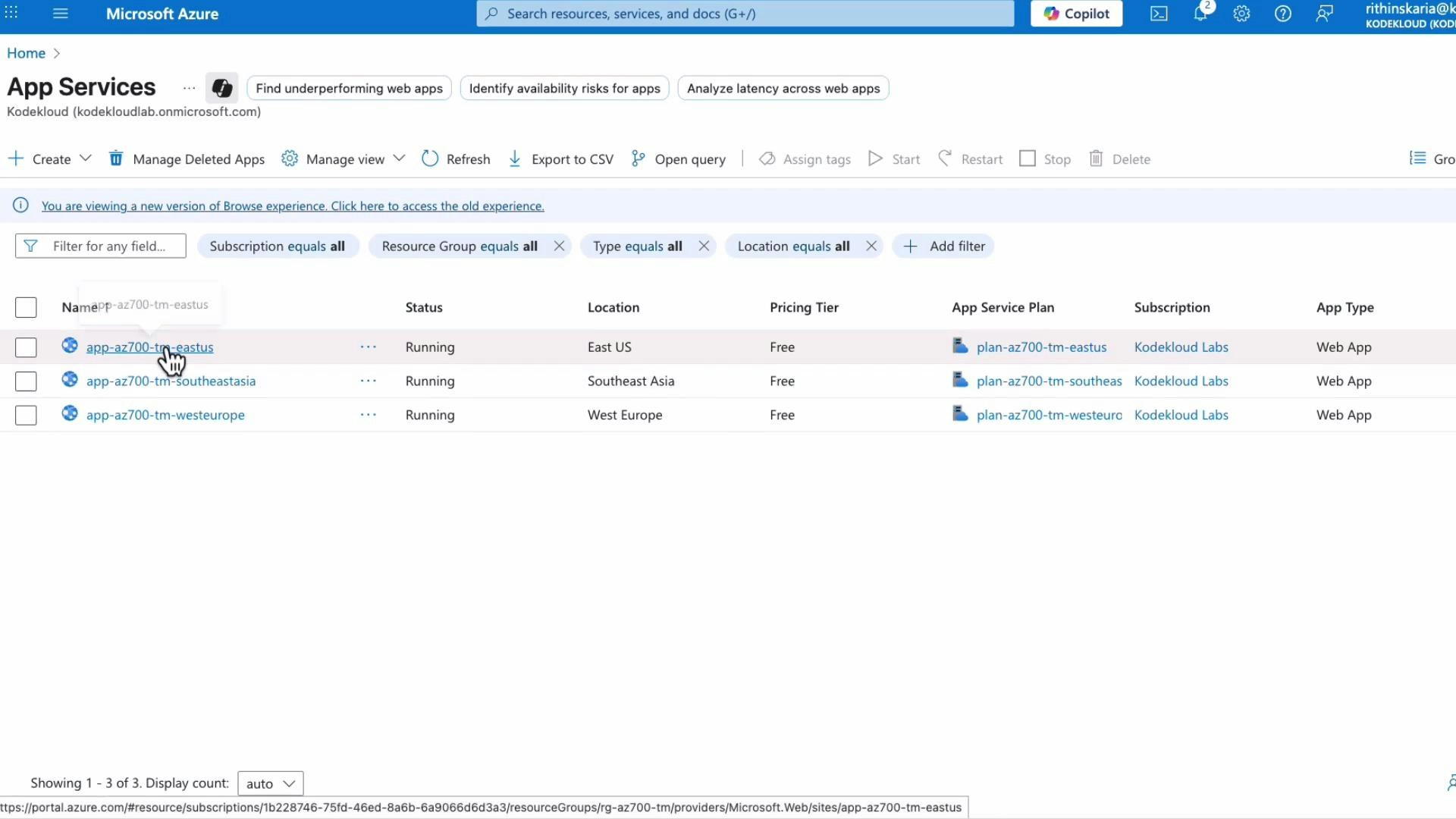 A screenshot of the Microsoft Azure portal showing the App Services page. It lists three running Web Apps (East US, Southeast Asia, West Europe) with their status, pricing tier (Free), and app service plans.