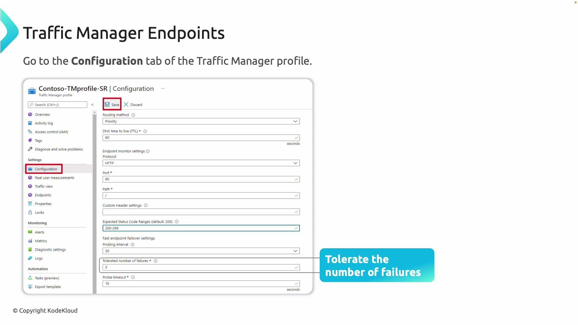 A screenshot of an Azure "Traffic Manager Endpoints" configuration page showing the Configuration tab and various endpoint monitor settings (DNS TTL, protocol, port, expected status codes, probe timeout). A callout highlights the "Tolerate the number of failures" setting.