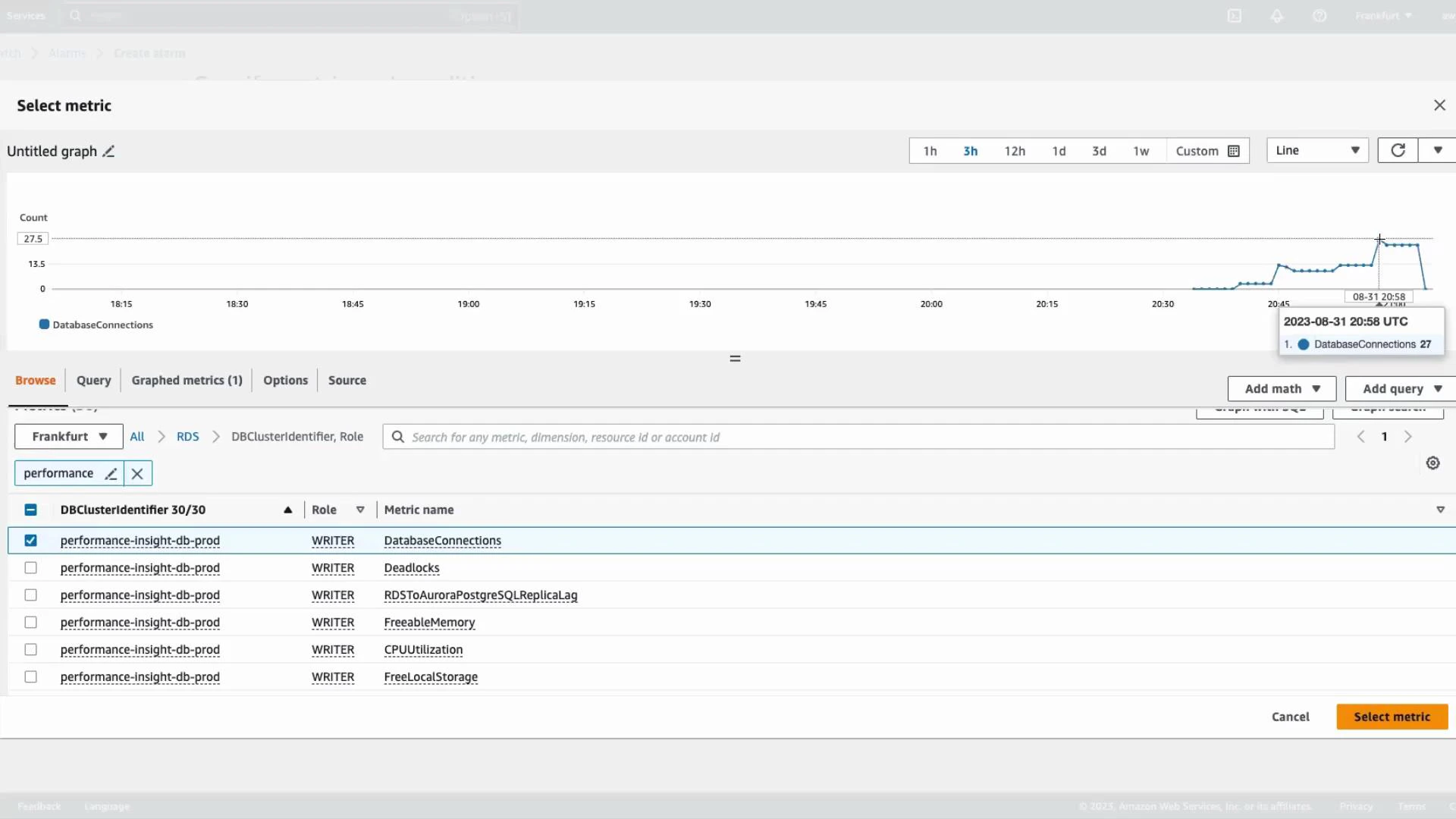 A screenshot of an AWS CloudWatch/RDS metric selection screen showing a time-series graph of DatabaseConnections that rises to about 27. Below the graph is a selectable list of RDS metrics (DatabaseConnections, Deadlocks, FreeableMemory, CPUUtilization, etc.) for the performance-insight-db-prod cluster.