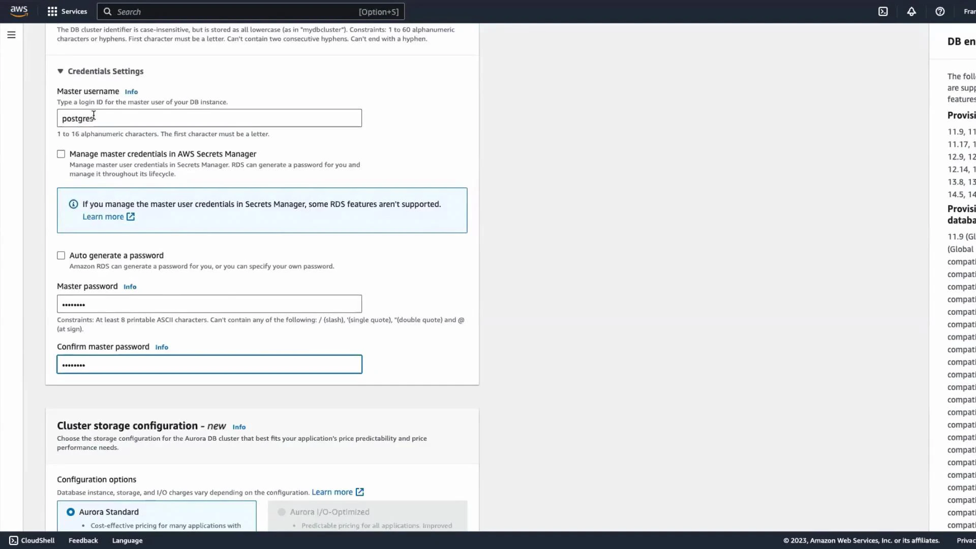 A screenshot of the AWS Management Console showing the RDS/Aurora DB creation form with Credentials Settings (master username set to "postgres" and masked password fields) and cluster storage configuration options. The right pane lists supported DB engine versions and provisioning details.