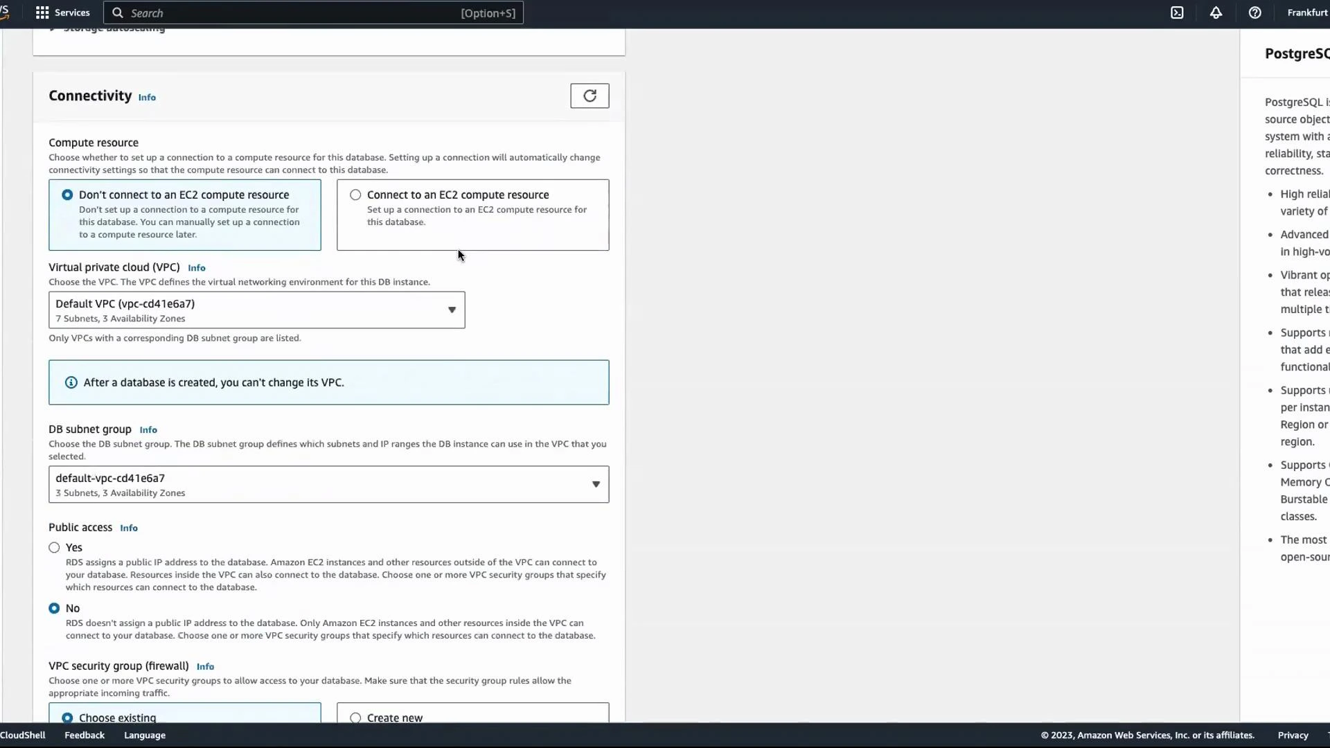 A screenshot of the AWS Management Console showing the RDS "Connectivity" settings for a database—options for EC2 compute connection, VPC selection, DB subnet group, public access, and VPC security groups. The right panel displays PostgreSQL information/documentation.