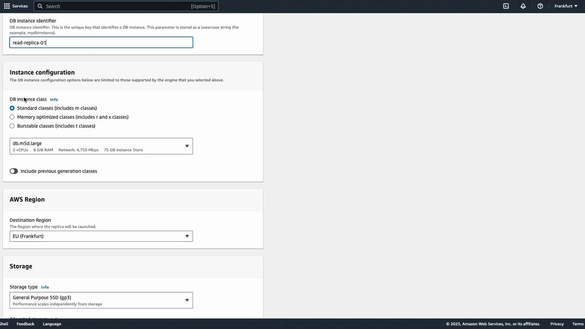 A screenshot of the AWS RDS "create DB instance" configuration page showing the DB instance identifier "read-replica-01", instance class set to db.m5d.large, destination region EU (Frankfurt), and storage type General Purpose SSD (gp3). The page displays other instance options like class categories and a selection box for previous generation classes.