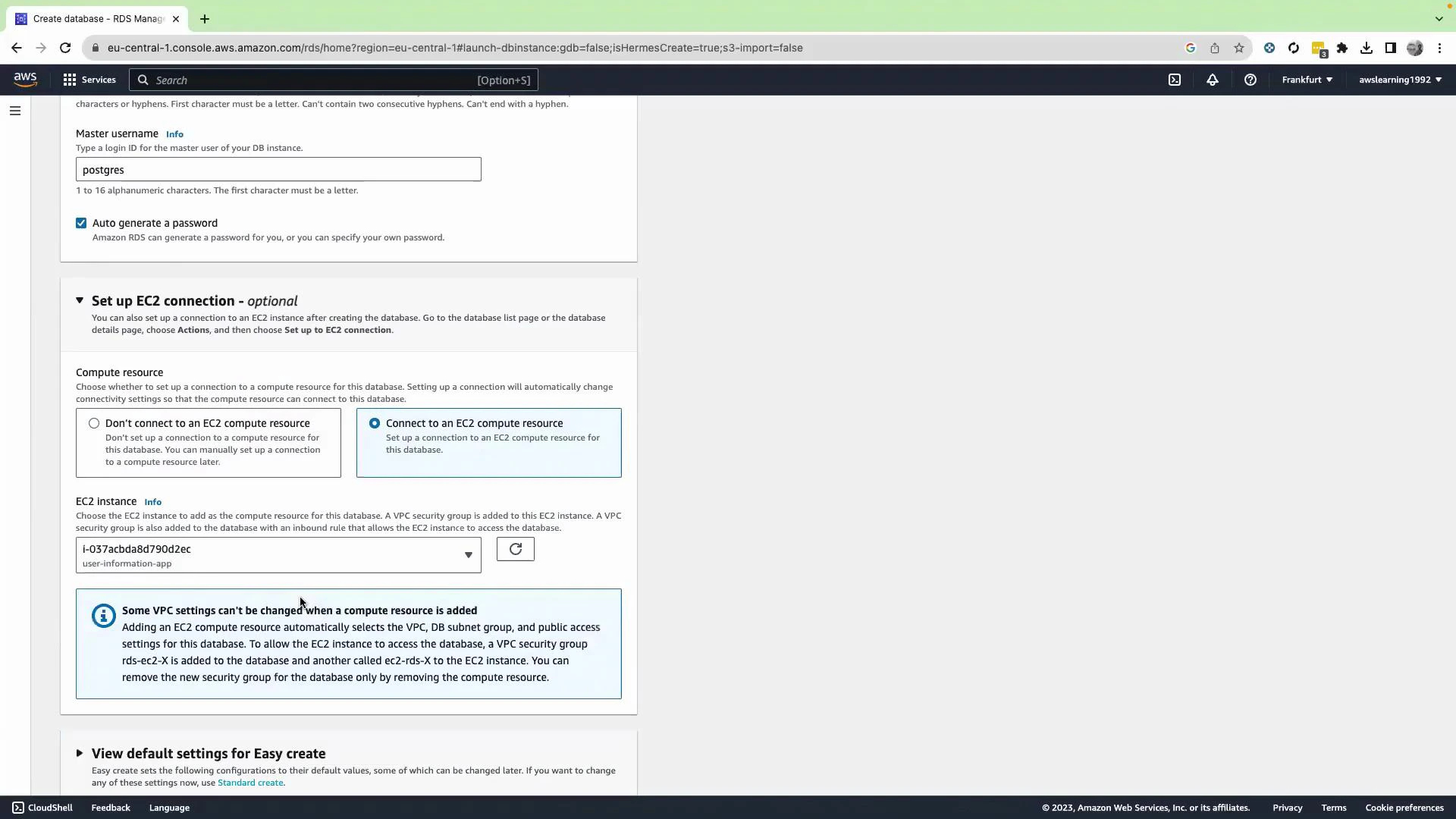 A screenshot of the AWS RDS "Create database" console showing the master username set to "postgres" and the optional "Set up EC2 connection" section selected. It also displays an EC2 instance dropdown and an informational box about VPC settings and compute resources.