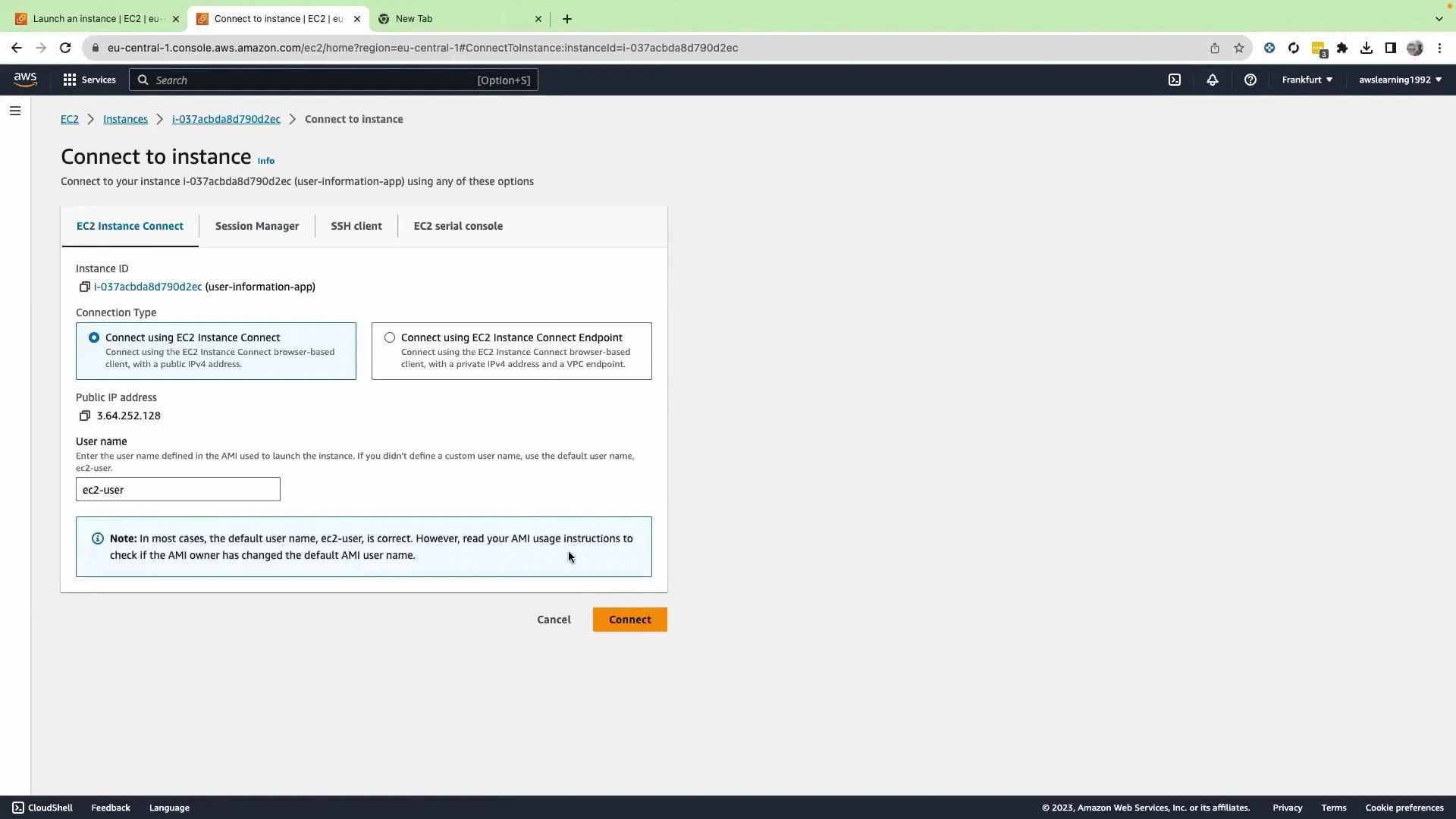 A screenshot of the AWS EC2 console "Connect to instance" page showing EC2 Instance Connect options, the instance ID, public IPv4 address, and a default username (ec2-user). The dialog includes tabs for Session Manager, SSH client and an orange "Connect" button.