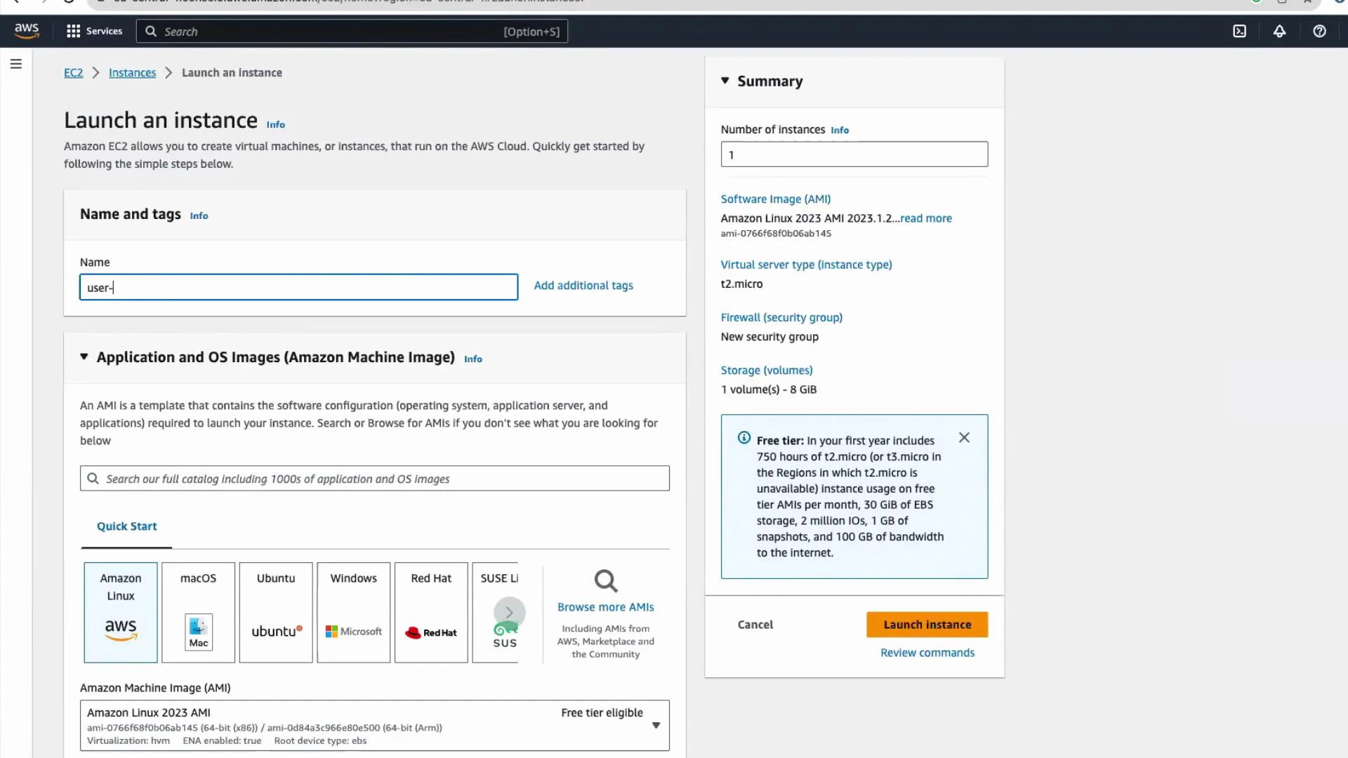 A screenshot of the AWS EC2 "Launch an instance" console showing the Name and tags field, Application and OS Images (AMIs) selection, and quick-start OS tiles. The right-hand Summary panel lists details like 1 instance, Amazon Linux AMI, t2.micro instance type, and a "Launch instance" button.