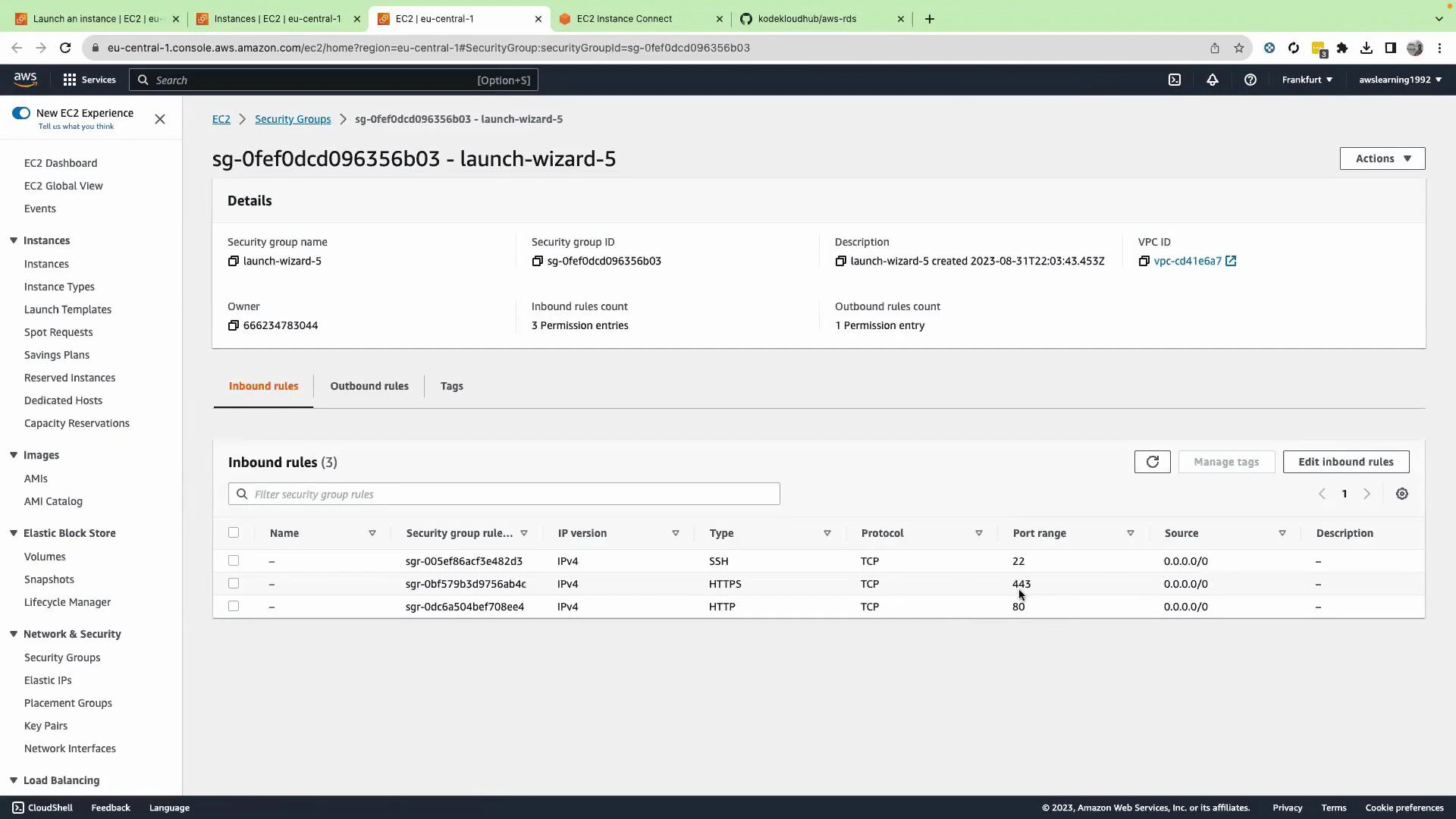 A screenshot of the AWS EC2 console showing the security group "launch-wizard-5" (sg-0fef0dcd096356b03) details. The inbound rules list shows SSH (port 22), HTTPS (443) and HTTP (80) open to 0.0.0.0/0.