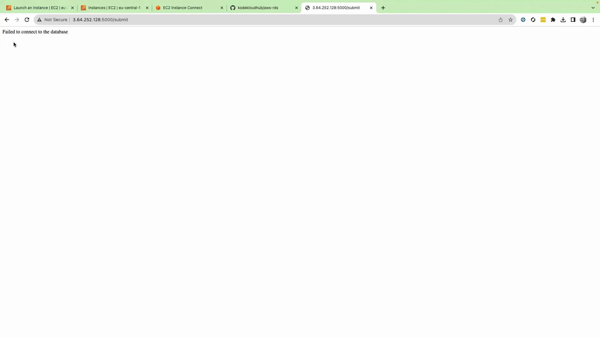A browser window showing a mostly blank page with the message "Failed to connect to the database" in the top-left. The address bar shows 3.64.252.128:5000/submit and several AWS/EC2-related tabs are open.