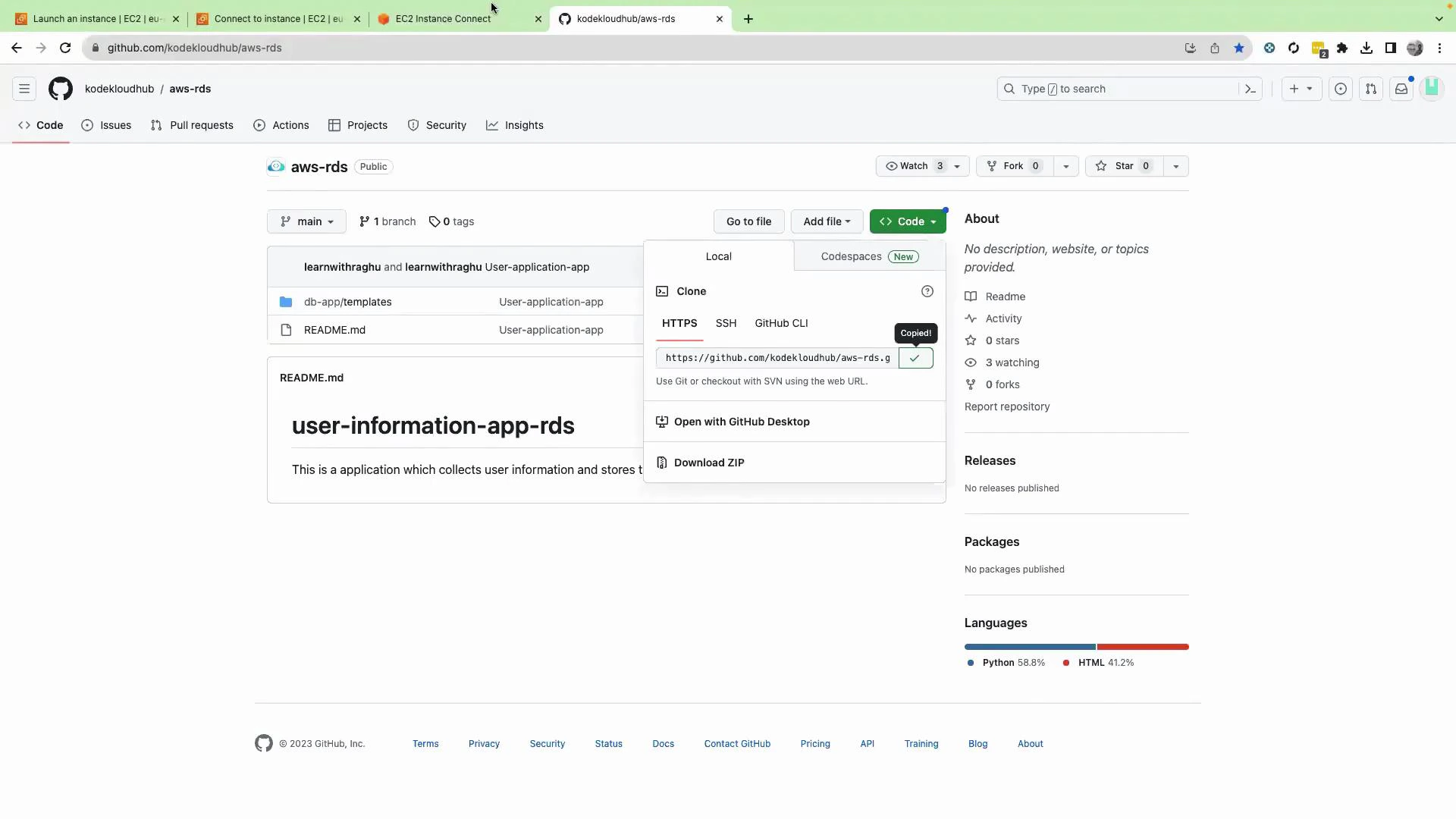 A screenshot of a GitHub repository page for "aws-rds" showing the Clone dialog with the HTTPS URL copied. The README for "user-information-app-rds" is visible and the repo language breakdown (Python and HTML) appears on the right.