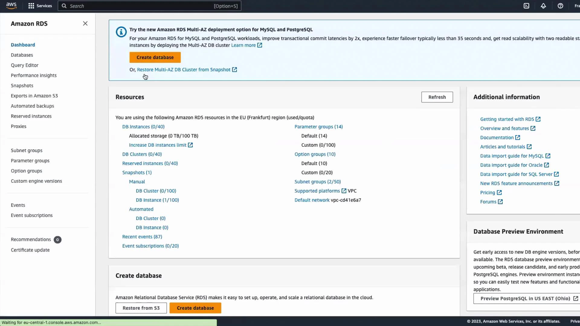 A screenshot of the Amazon Web Services RDS console dashboard showing resource usage, quotas, and links. The main pane includes a prominent "Create database" button while the left sidebar lists RDS navigation items.
