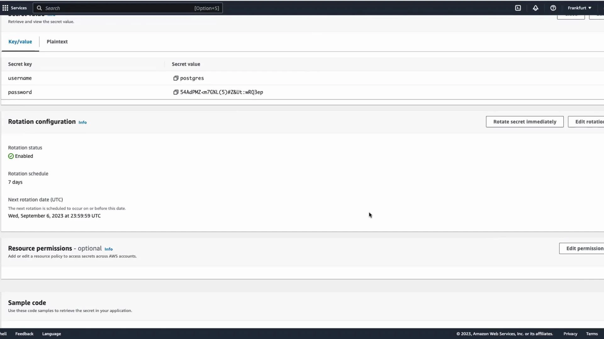 A screenshot of the AWS Secrets Manager console showing a secret with key/value entries (username: postgres and a password) and a rotation configuration set to 7 days. The page also shows sections for resource permissions and sample code.