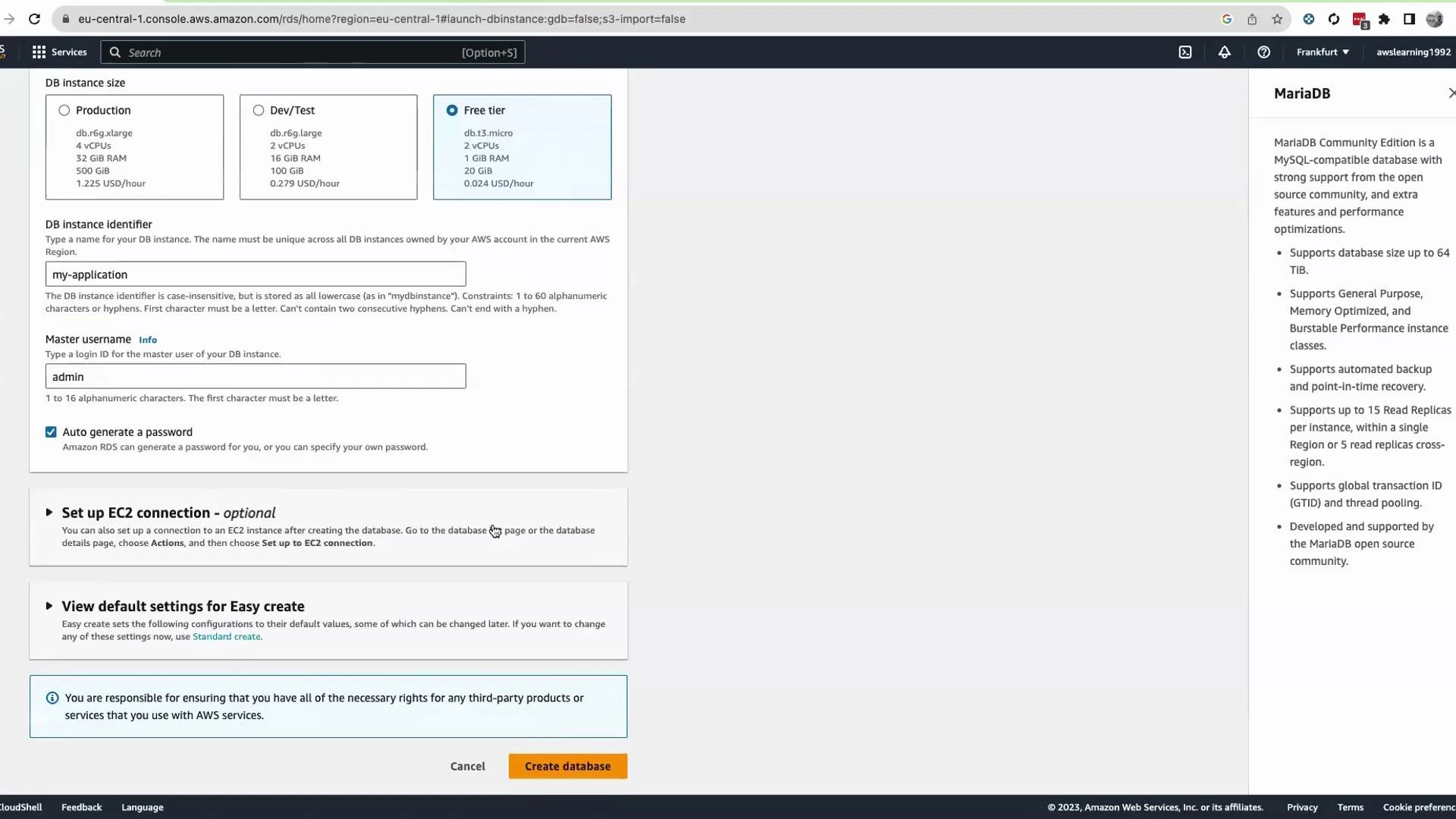 A screenshot of the AWS RDS Create database page configuring a MariaDB instance, showing DB instance size options (Production, Dev/Test, Free tier), a DB identifier "my-application" and master username "admin." The right panel displays MariaDB details and there's a "Create database" button at the bottom.